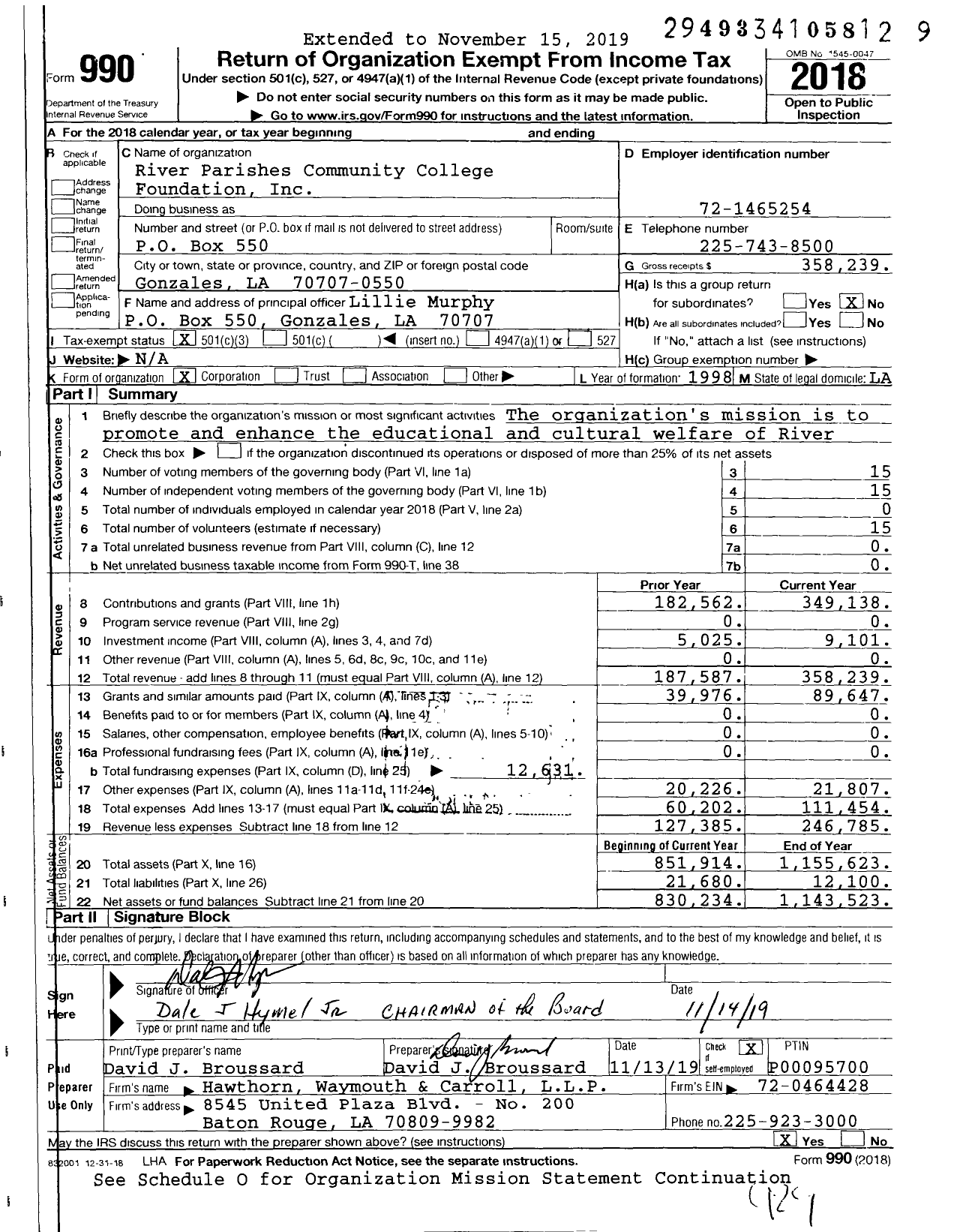 Image of first page of 2018 Form 990 for River Parishes Community College Foundation