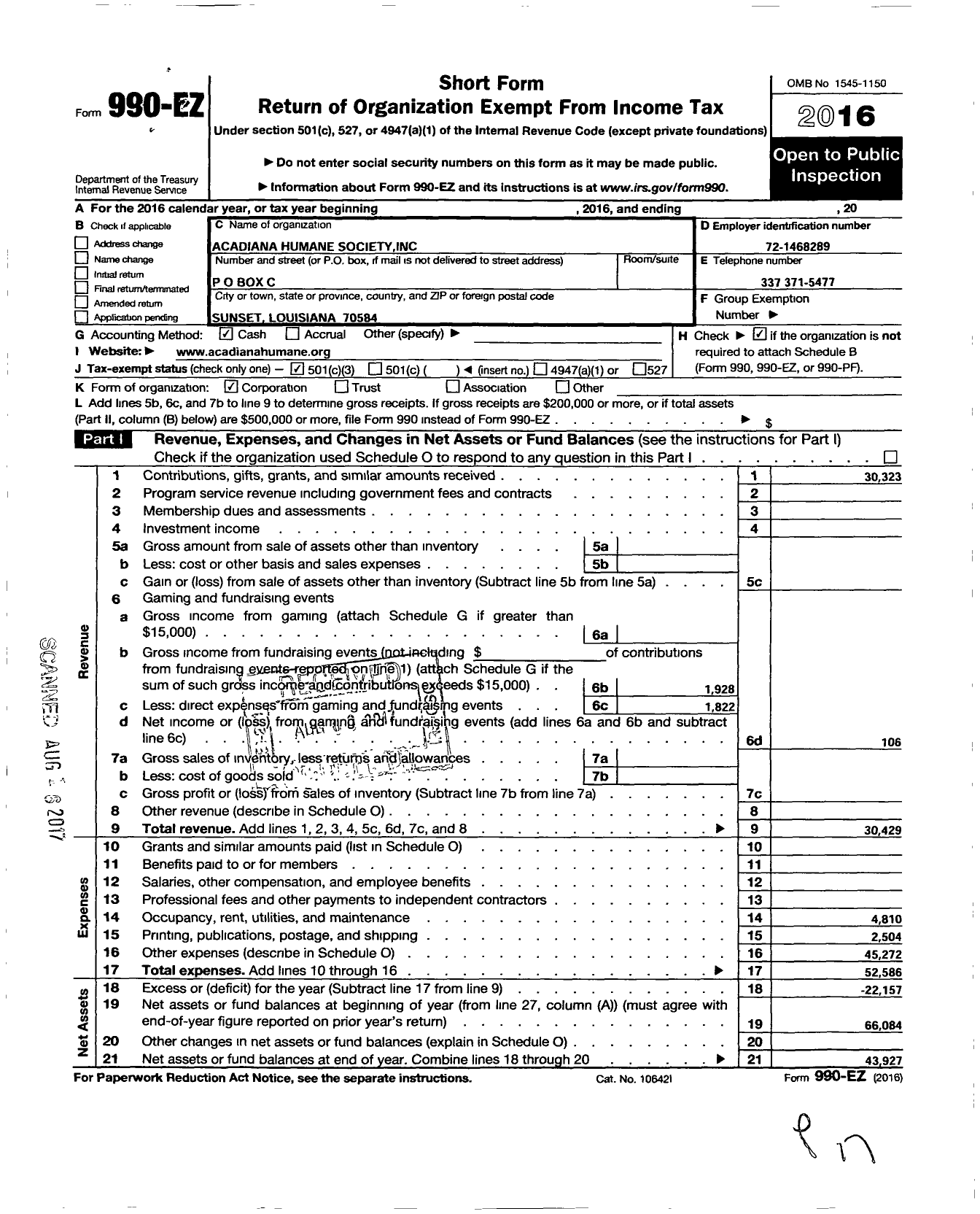 Image of first page of 2016 Form 990EZ for Acadiana Humane Society