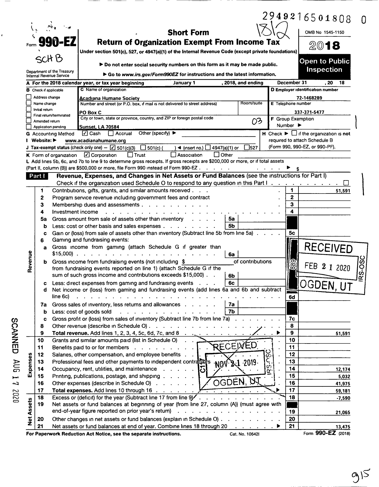 Image of first page of 2018 Form 990EZ for Acadiana Humane Society