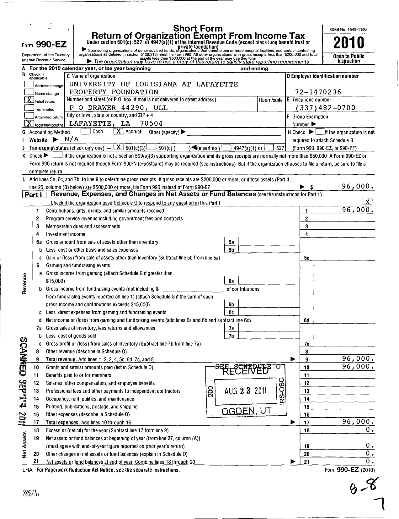Image of first page of 2010 Form 990EZ for University of Louisiana at Lafayette Property Foundation