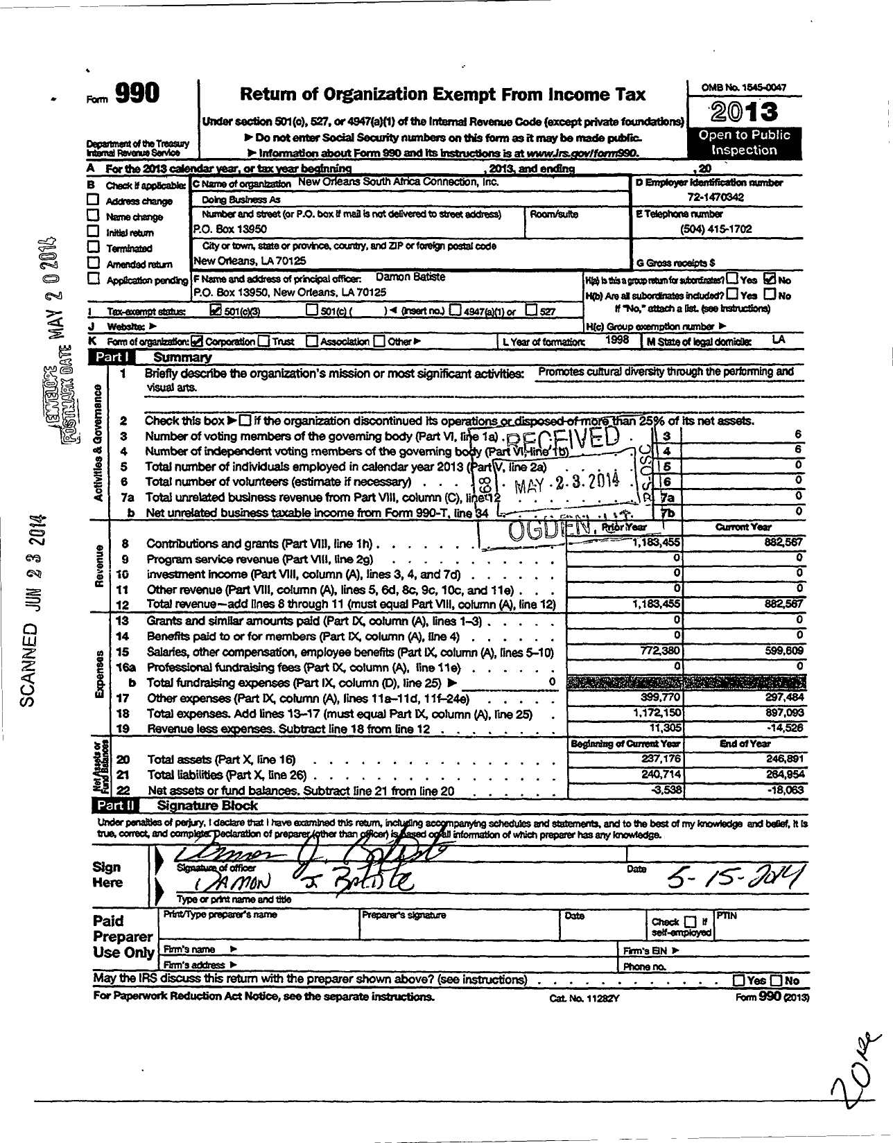 Image of first page of 2013 Form 990 for New Orleans South African Connection