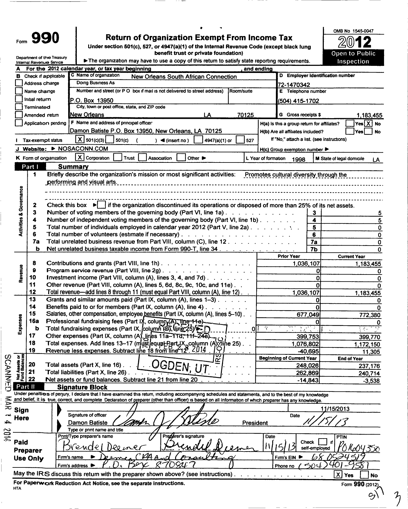 Image of first page of 2012 Form 990 for New Orleans South African Connection