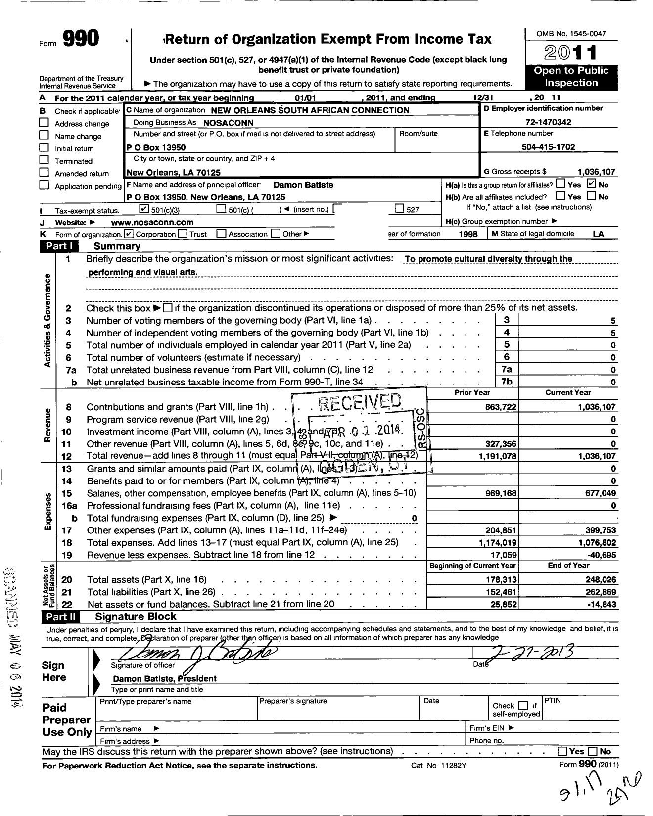 Image of first page of 2011 Form 990 for New Orleans South African Connection