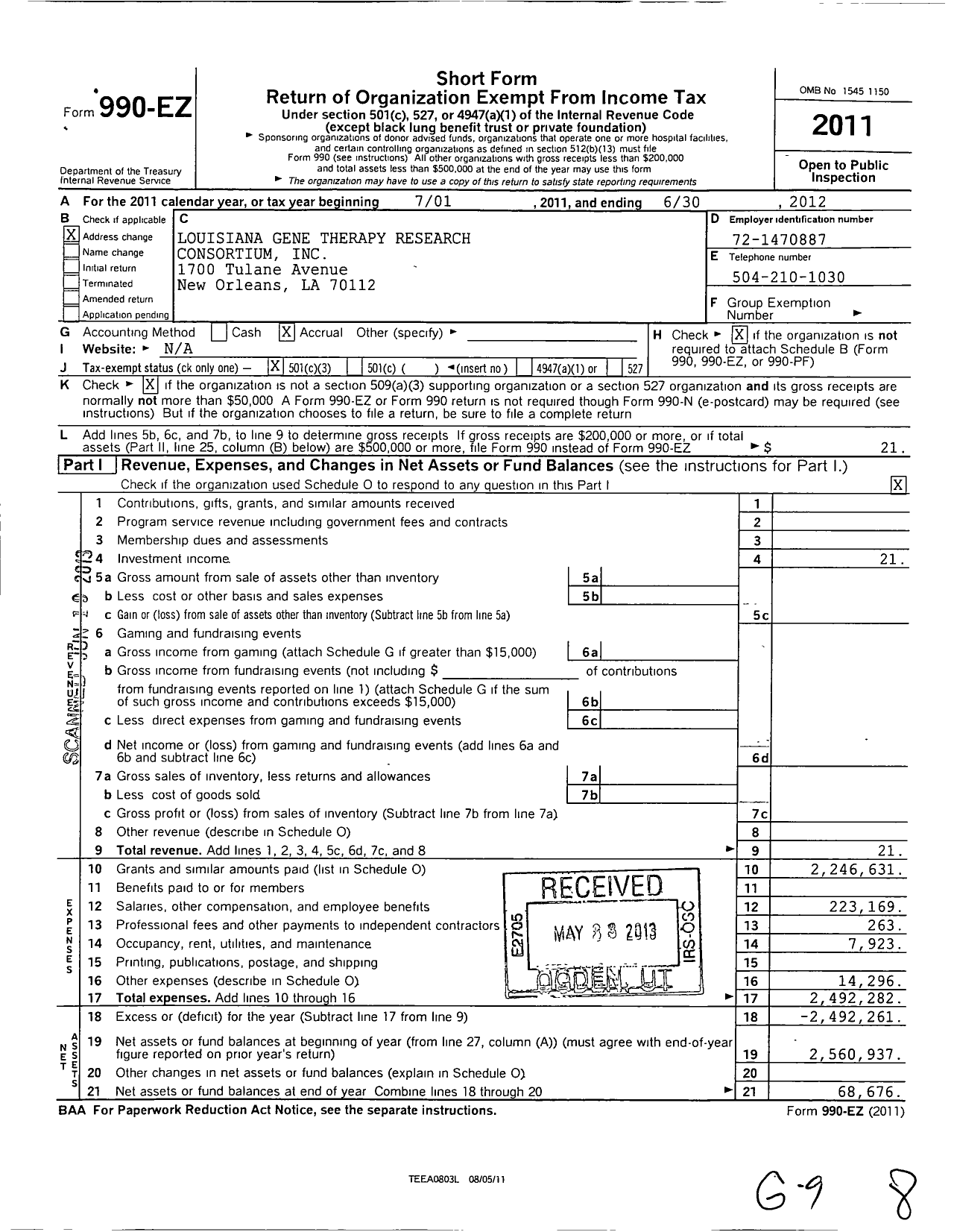 Image of first page of 2011 Form 990EZ for Louisiana Gene Therapy Research Consortium