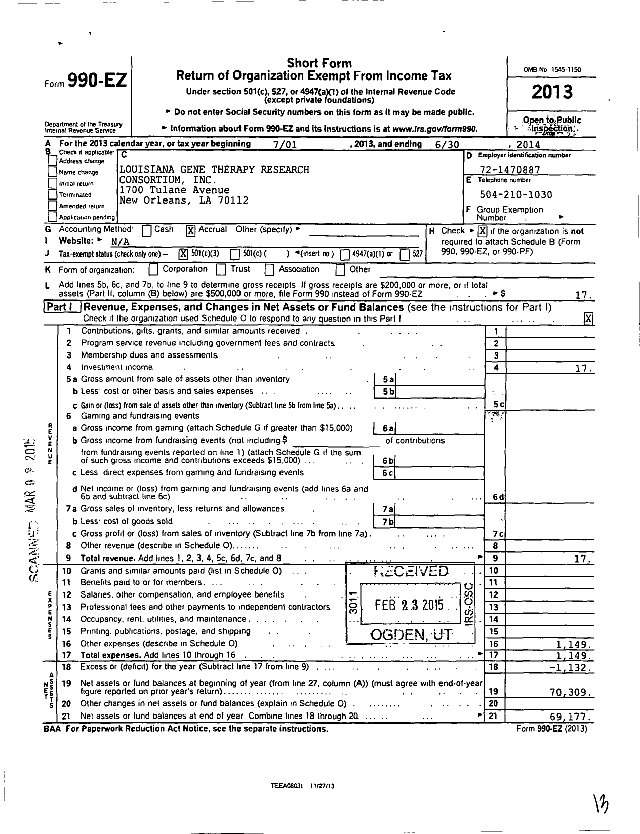 Image of first page of 2013 Form 990EZ for Louisiana Gene Therapy Research Consortium