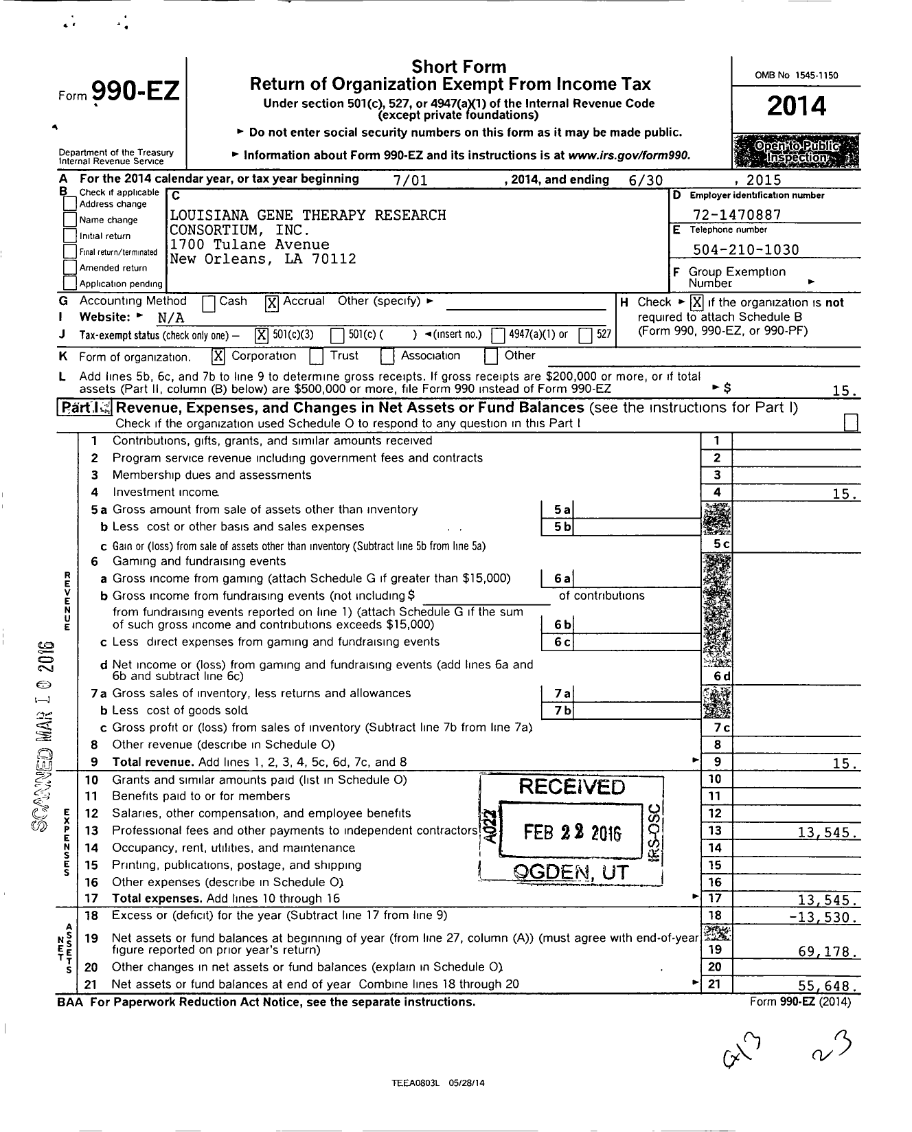 Image of first page of 2014 Form 990EZ for Louisiana Gene Therapy Research Consortium