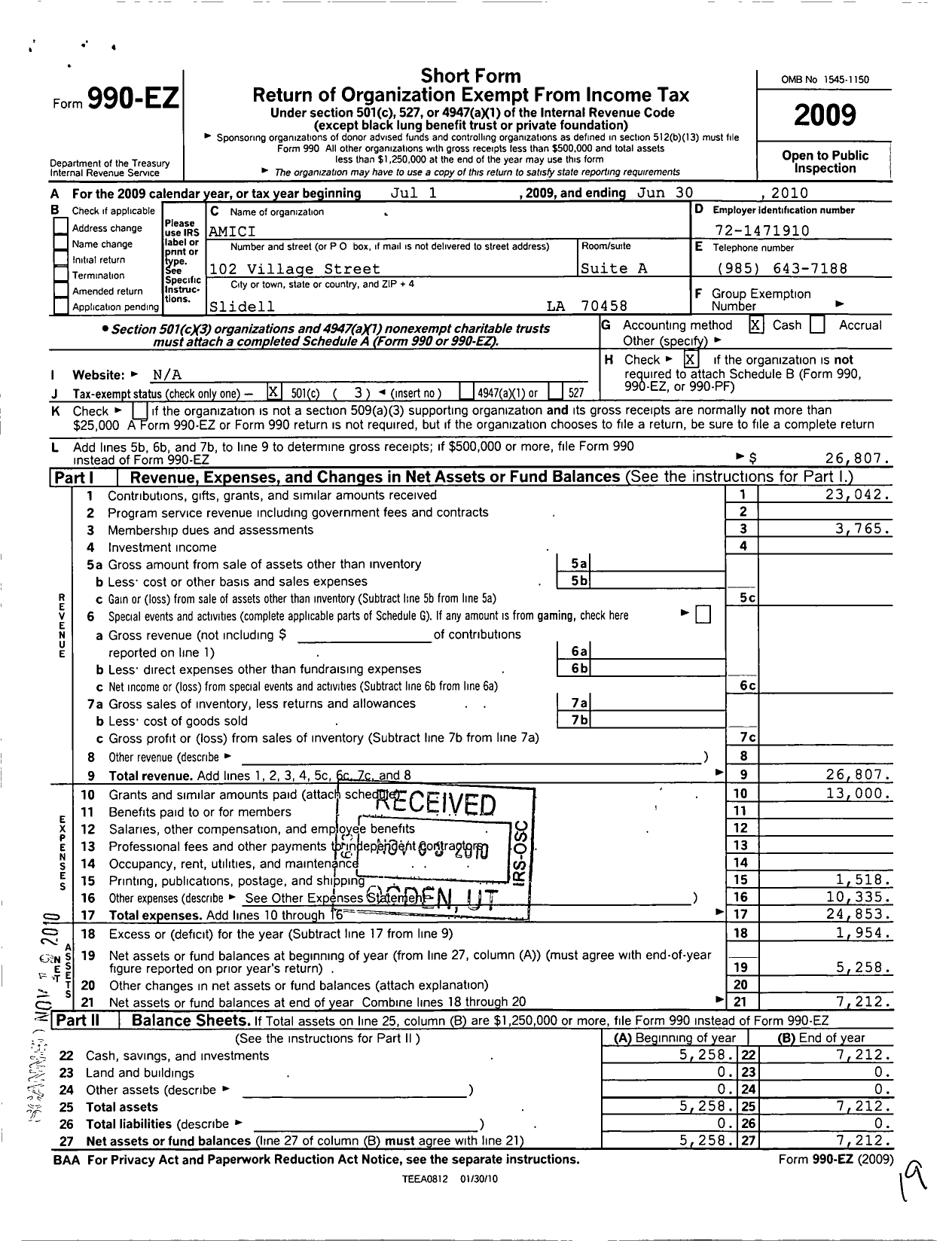 Image of first page of 2009 Form 990EZ for Amici