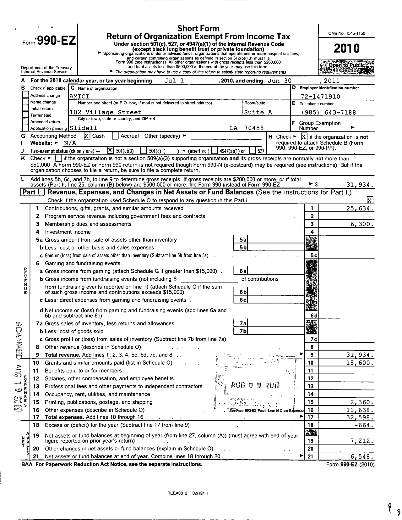 Image of first page of 2010 Form 990EZ for Amici