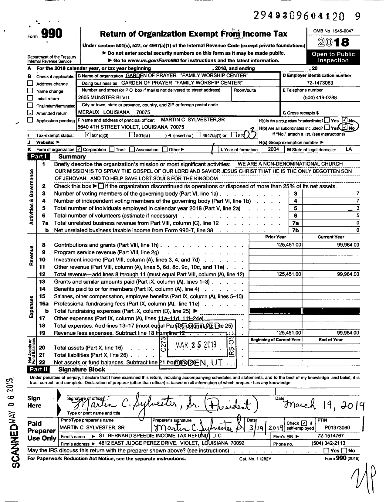 Image of first page of 2018 Form 990 for Garden of Prayer 'family Worship Center