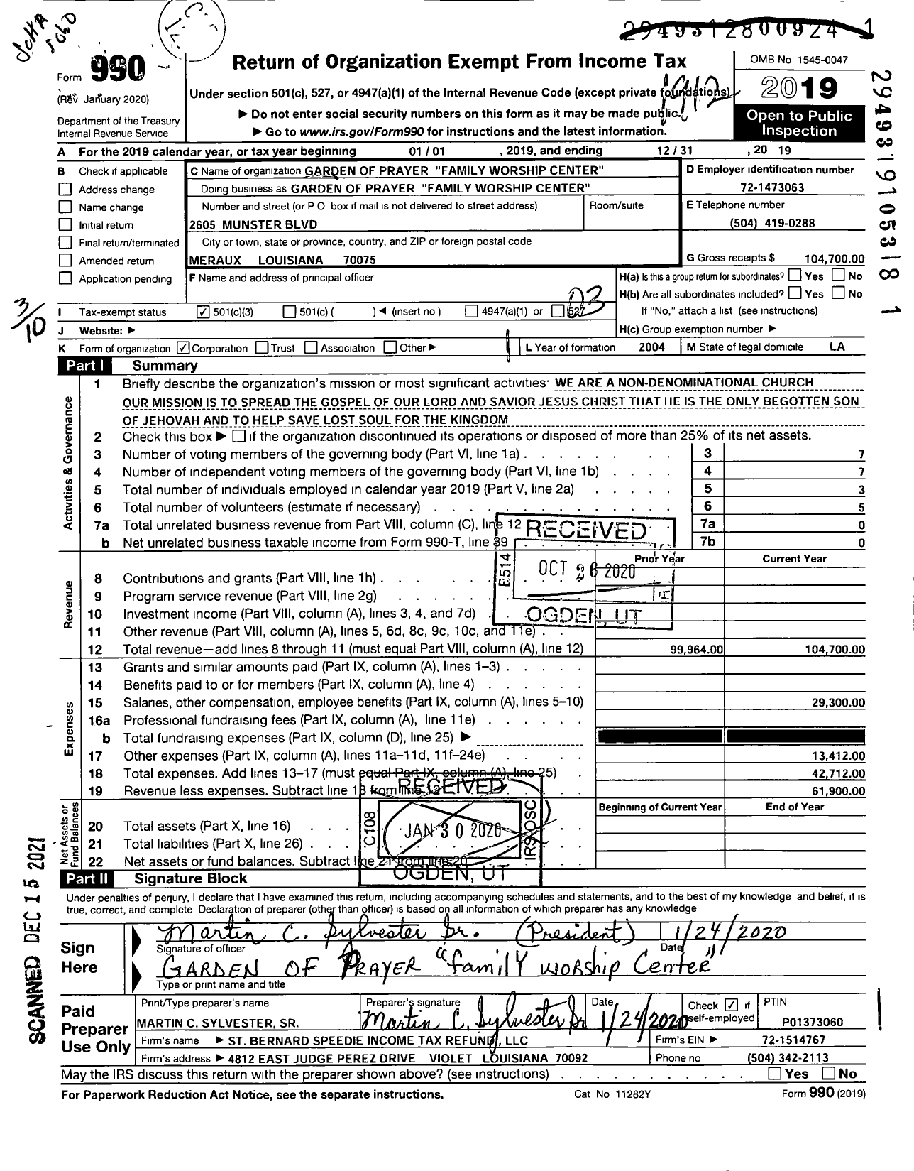 Image of first page of 2019 Form 990 for Garden of Prayer 'family Worship Center