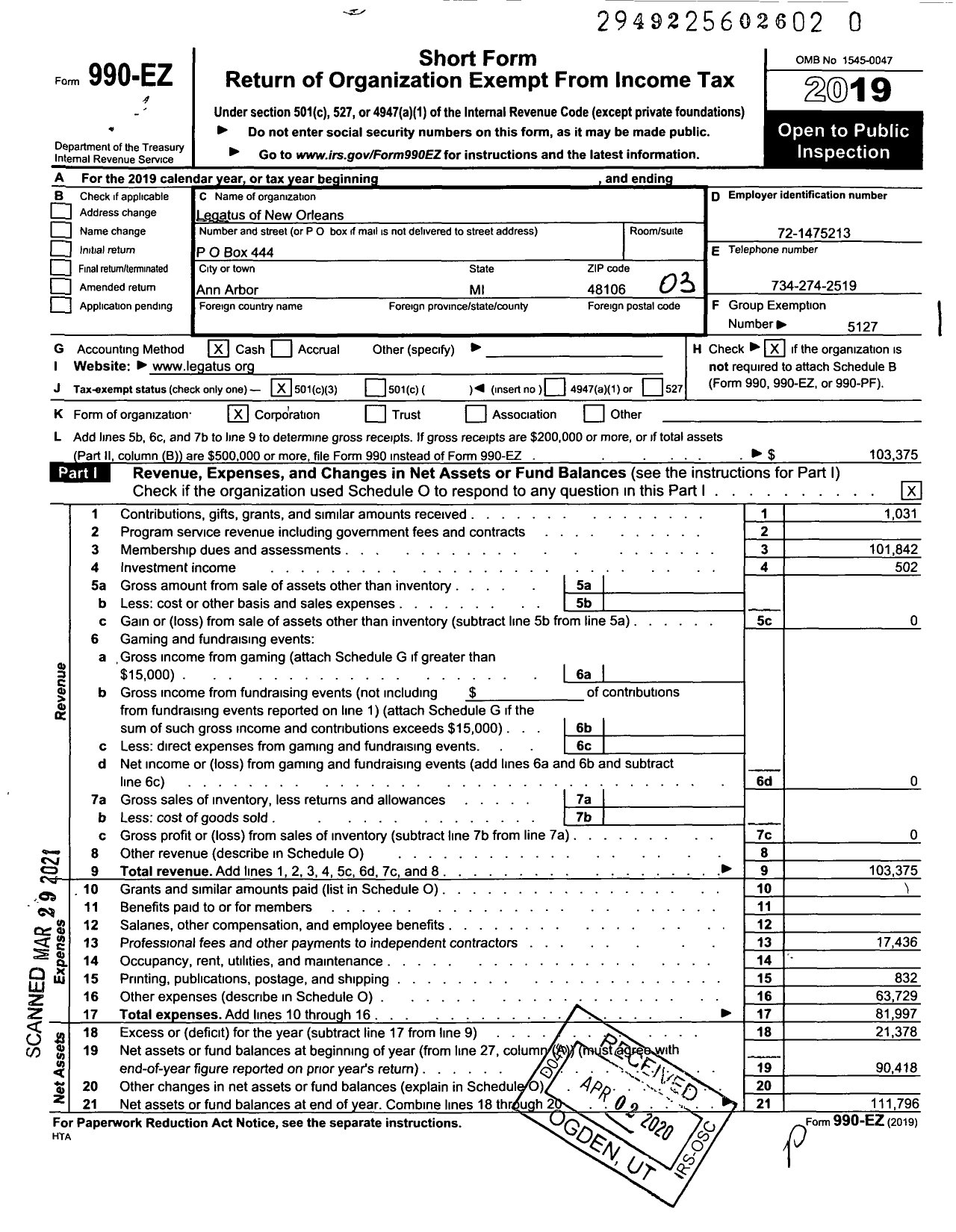 Image of first page of 2019 Form 990EZ for Legatus of New Orleans