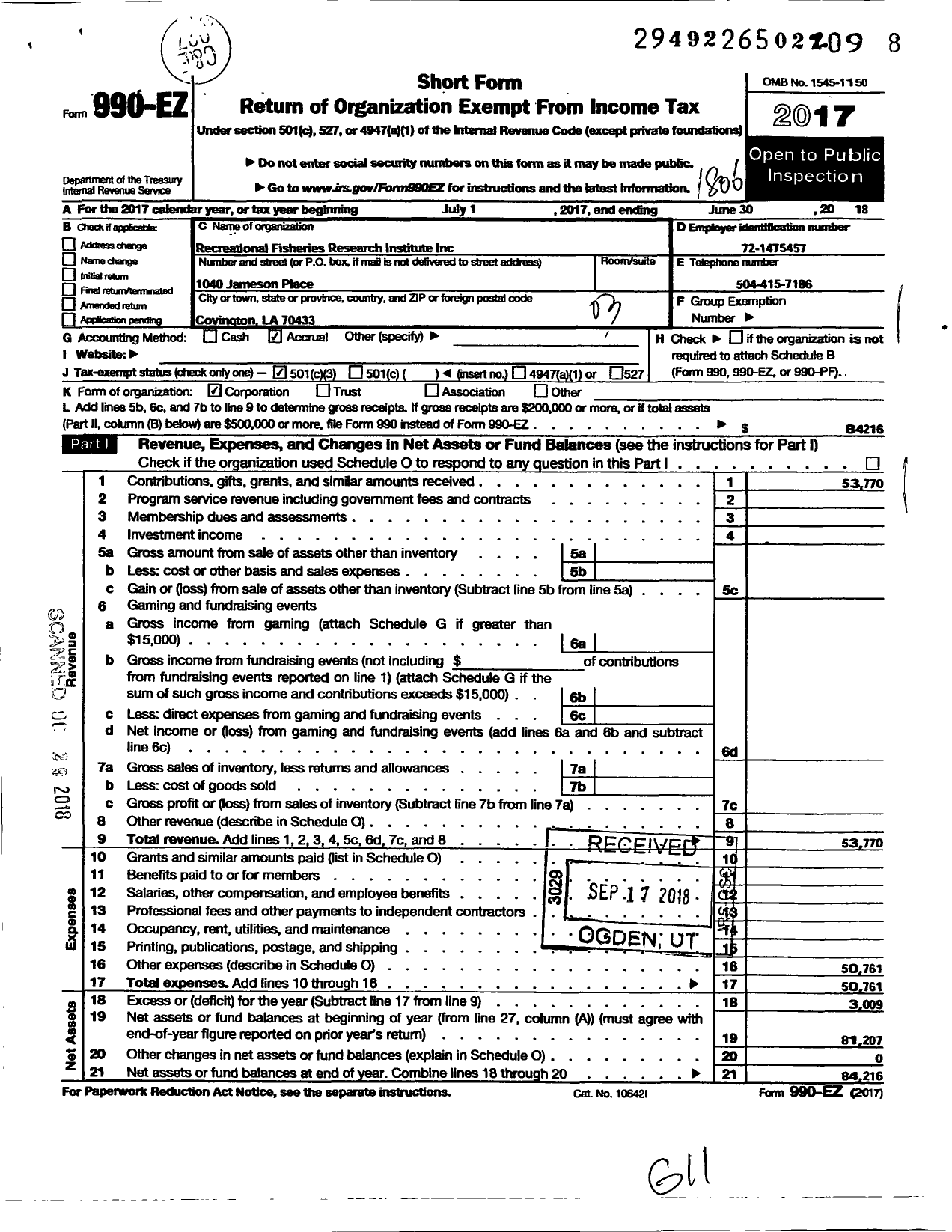 Image of first page of 2017 Form 990EZ for Recreational Fisheries Research Institute