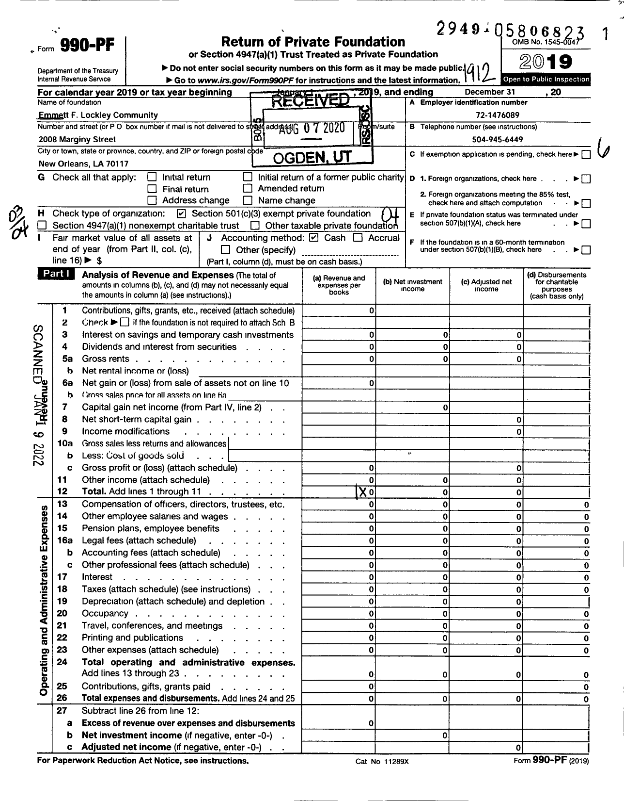 Image of first page of 2019 Form 990PF for Emmett F Lockley Community Development Corporation