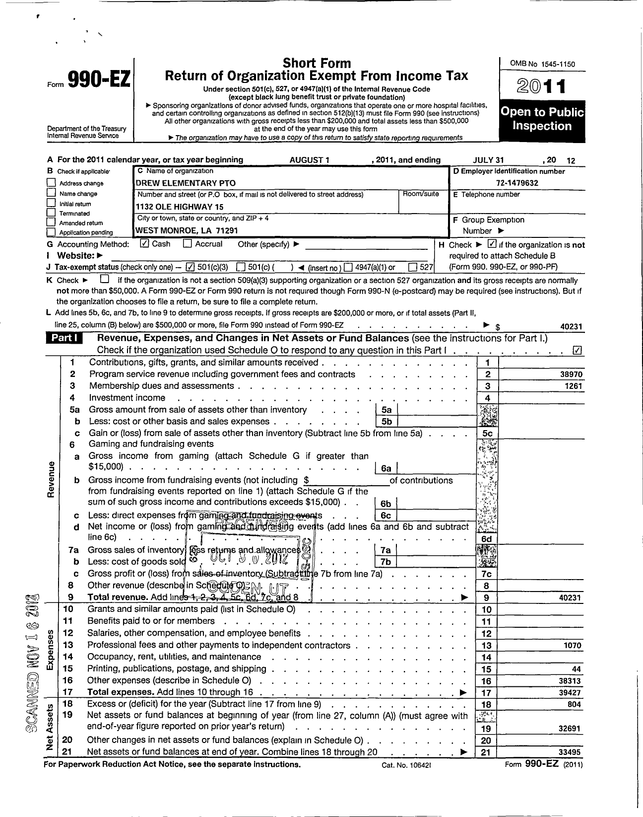 Image of first page of 2011 Form 990EZ for Drew Elementary Parent Teacher Organization