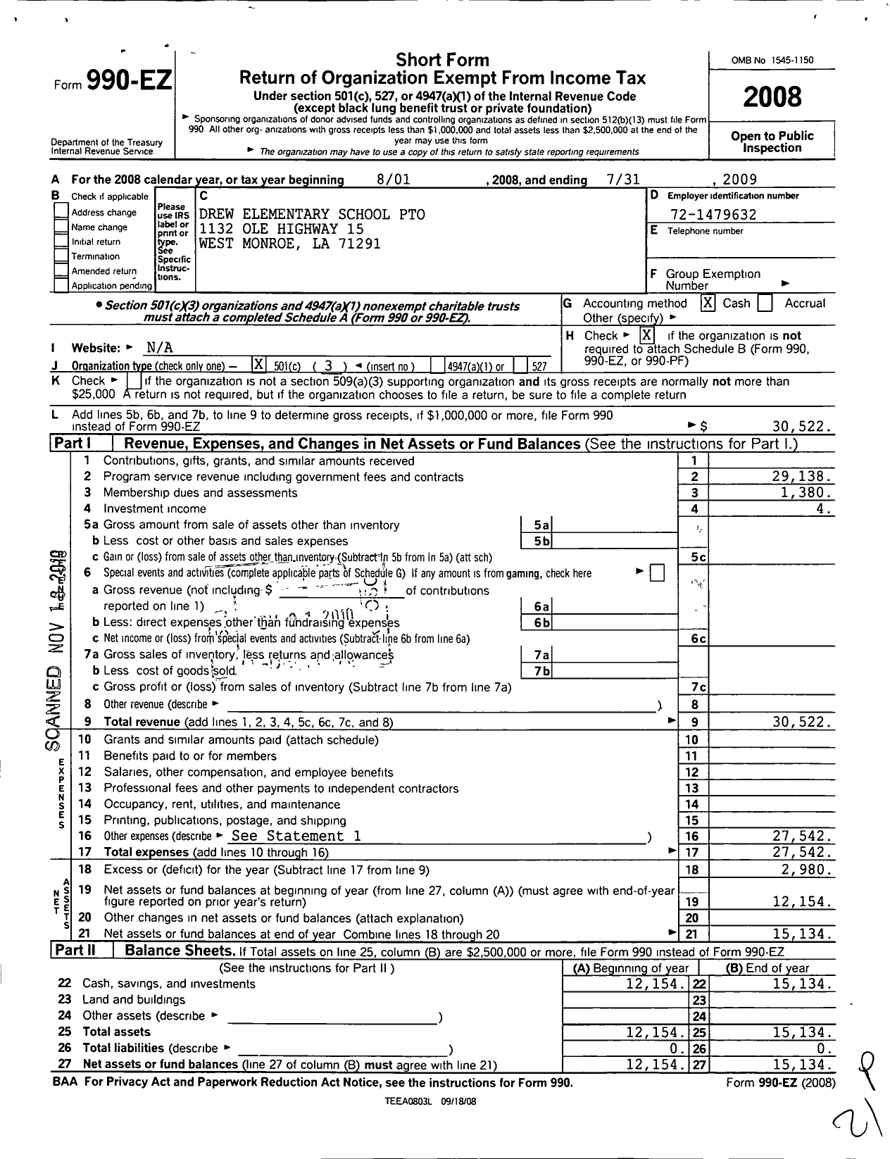 Image of first page of 2008 Form 990EZ for Drew Elementary Parent Teacher Organization