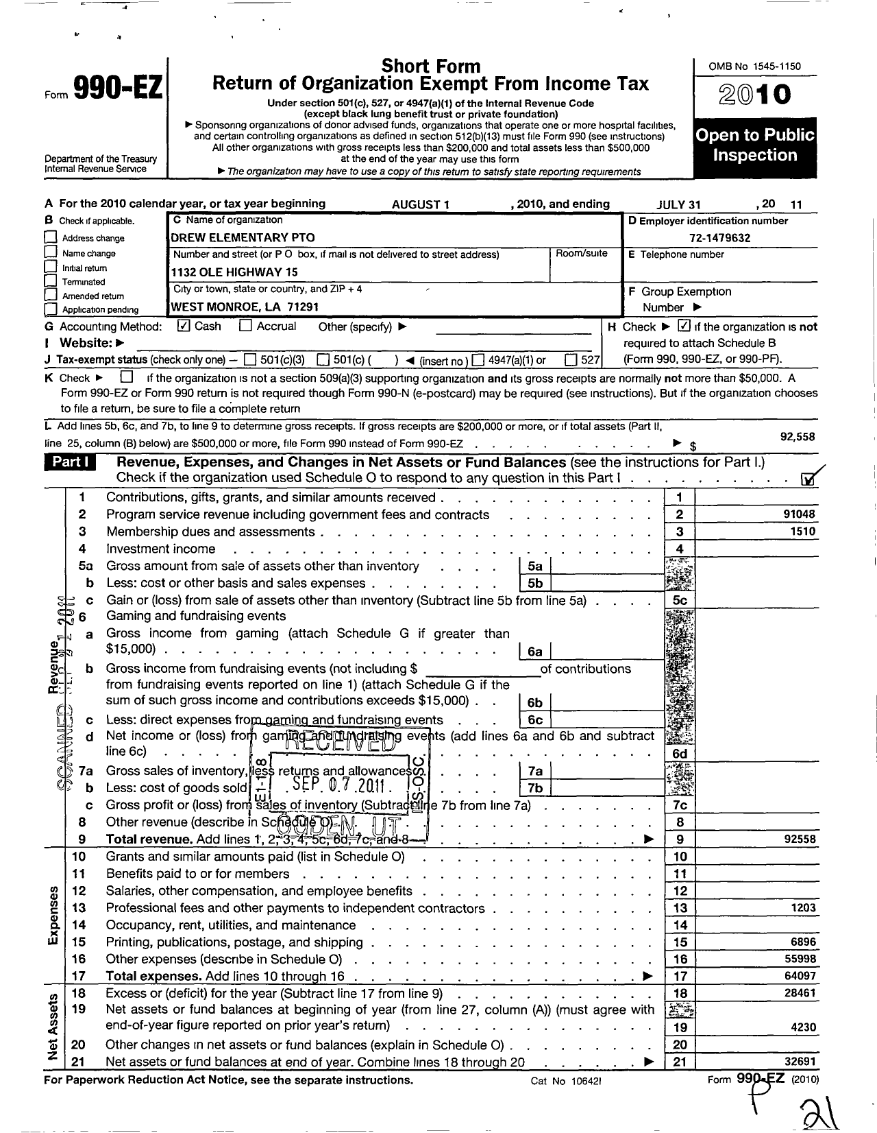 Image of first page of 2010 Form 990EO for Drew Elementary Parent Teacher Organization