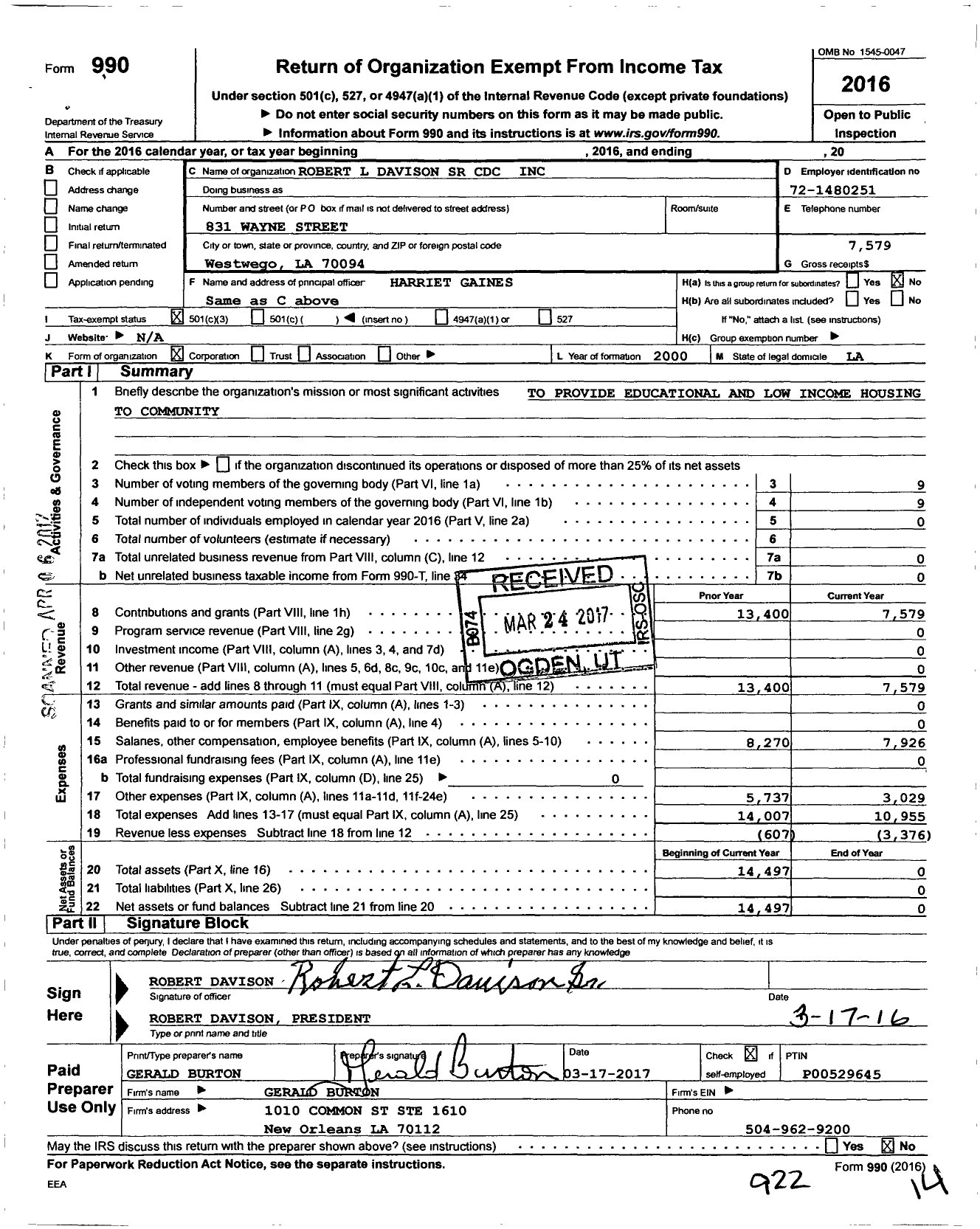 Image of first page of 2016 Form 990 for Robert L Davison SR Community Development