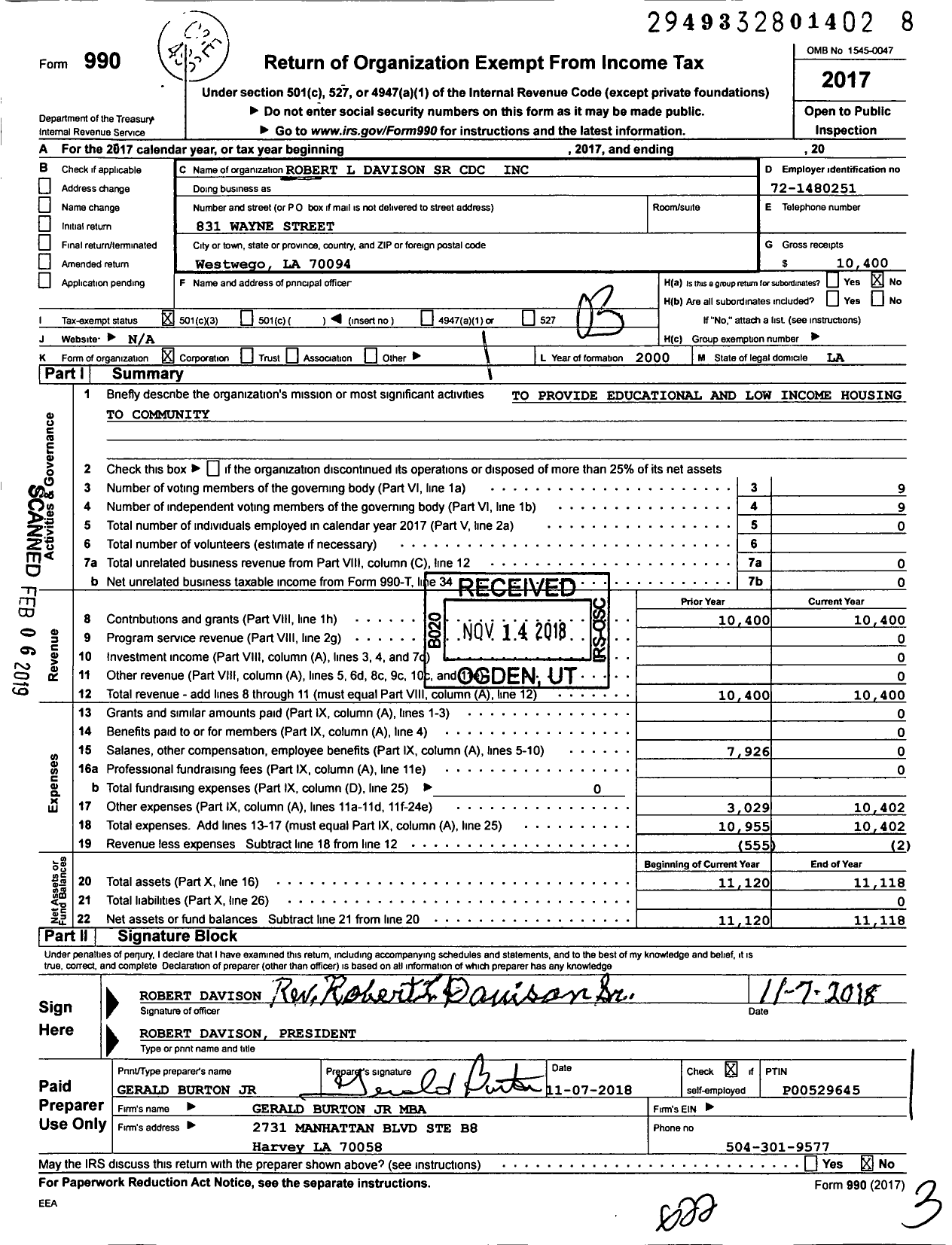 Image of first page of 2017 Form 990 for Robert L Davison SR Community Development