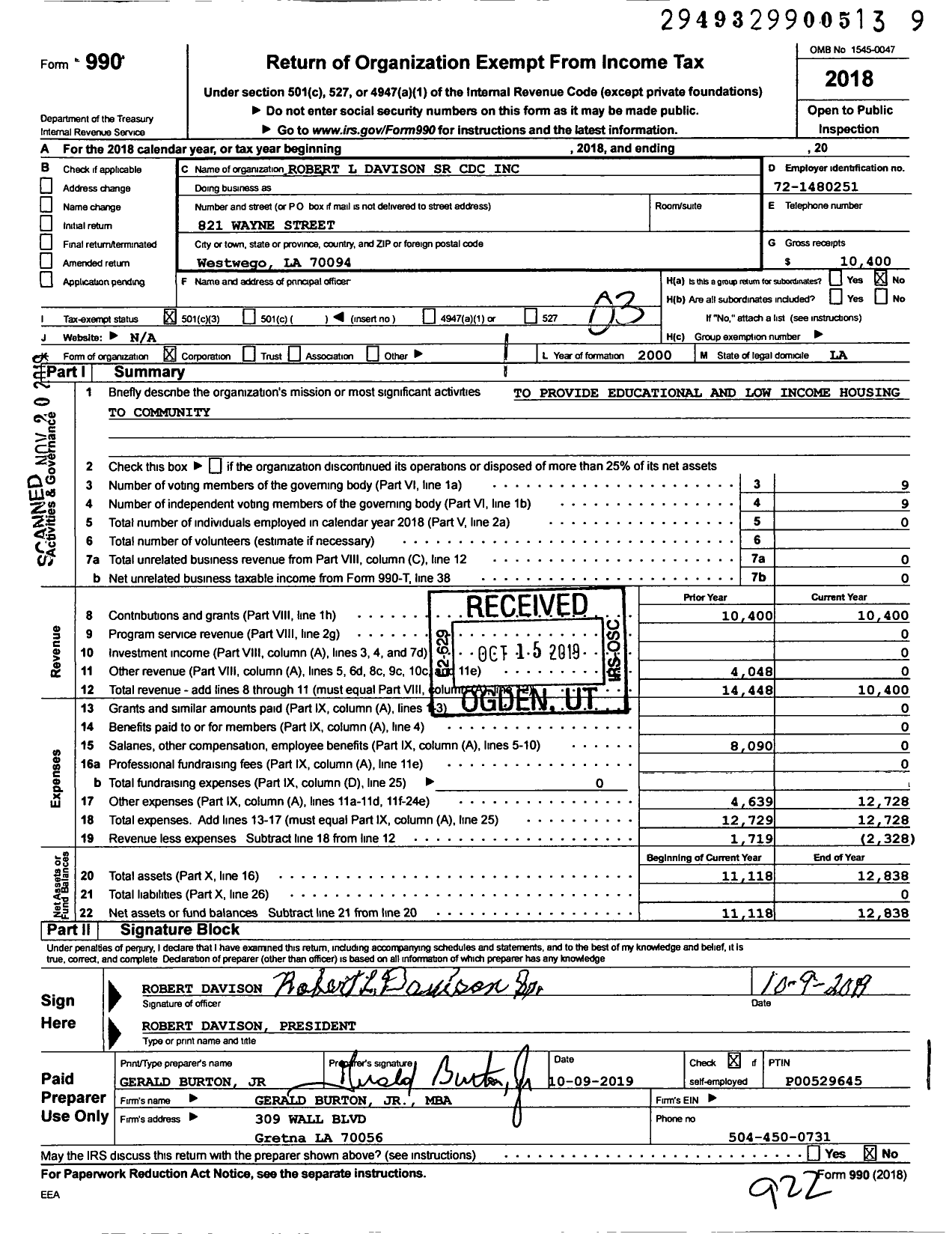 Image of first page of 2018 Form 990 for Robert L Davison SR Community Development