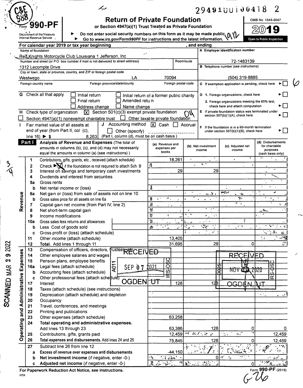 Image of first page of 2019 Form 990PF for Red Knights Motorcycle Club Louisiana 1 Jefferson