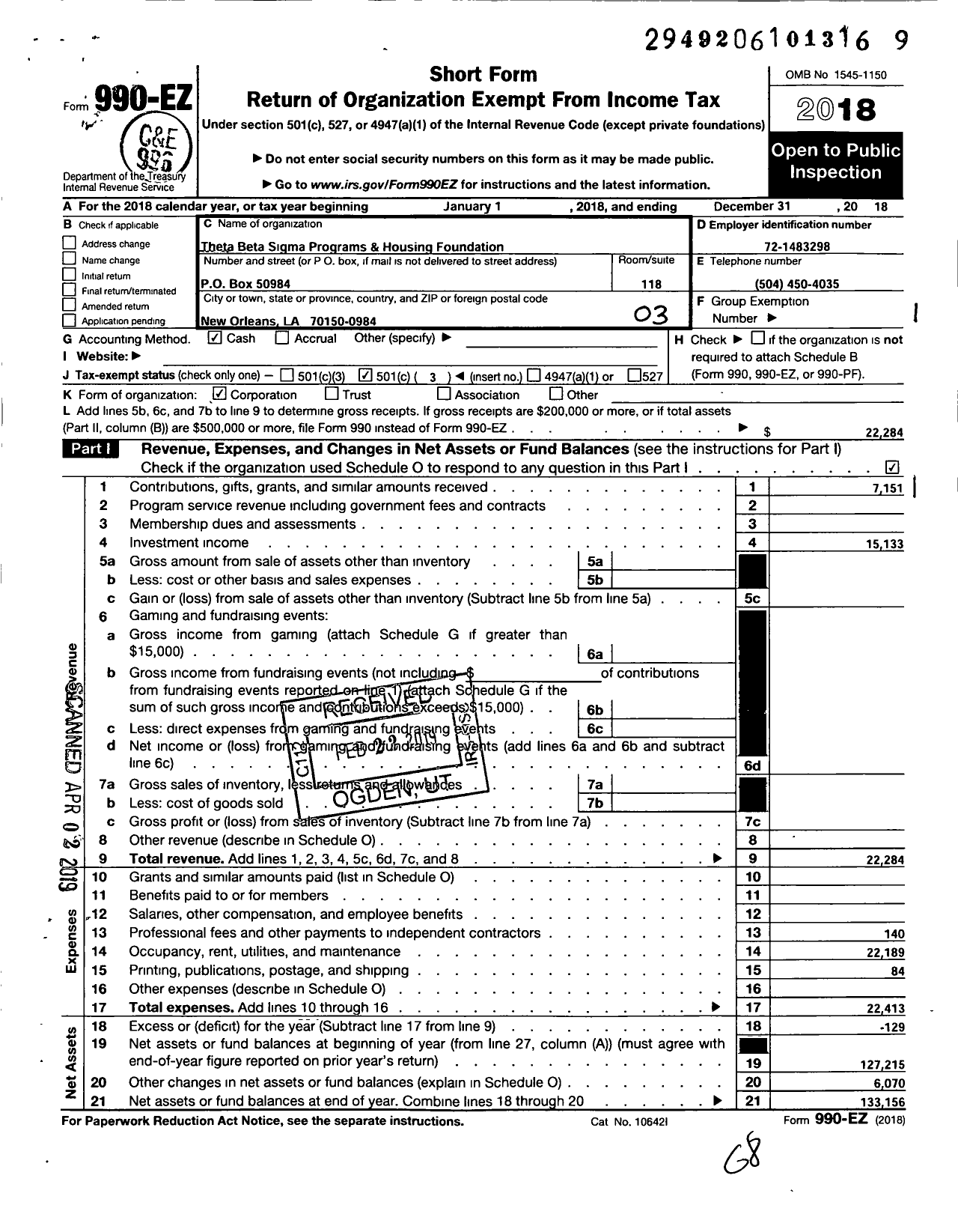 Image of first page of 2018 Form 990EZ for Theta Beta Sigma Programs and Housing Foundation