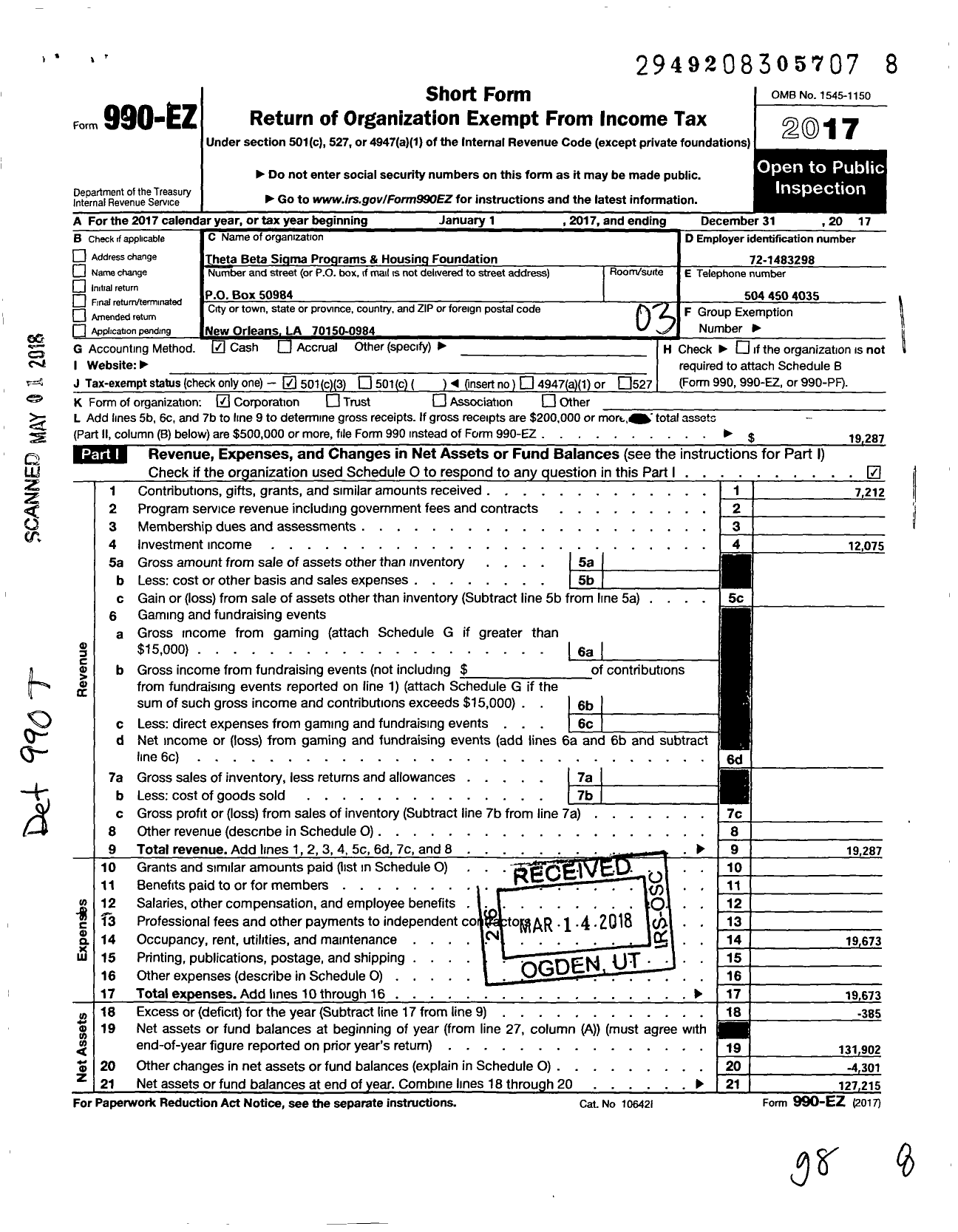 Image of first page of 2017 Form 990EZ for Theta Beta Sigma Programs and Housing Foundation