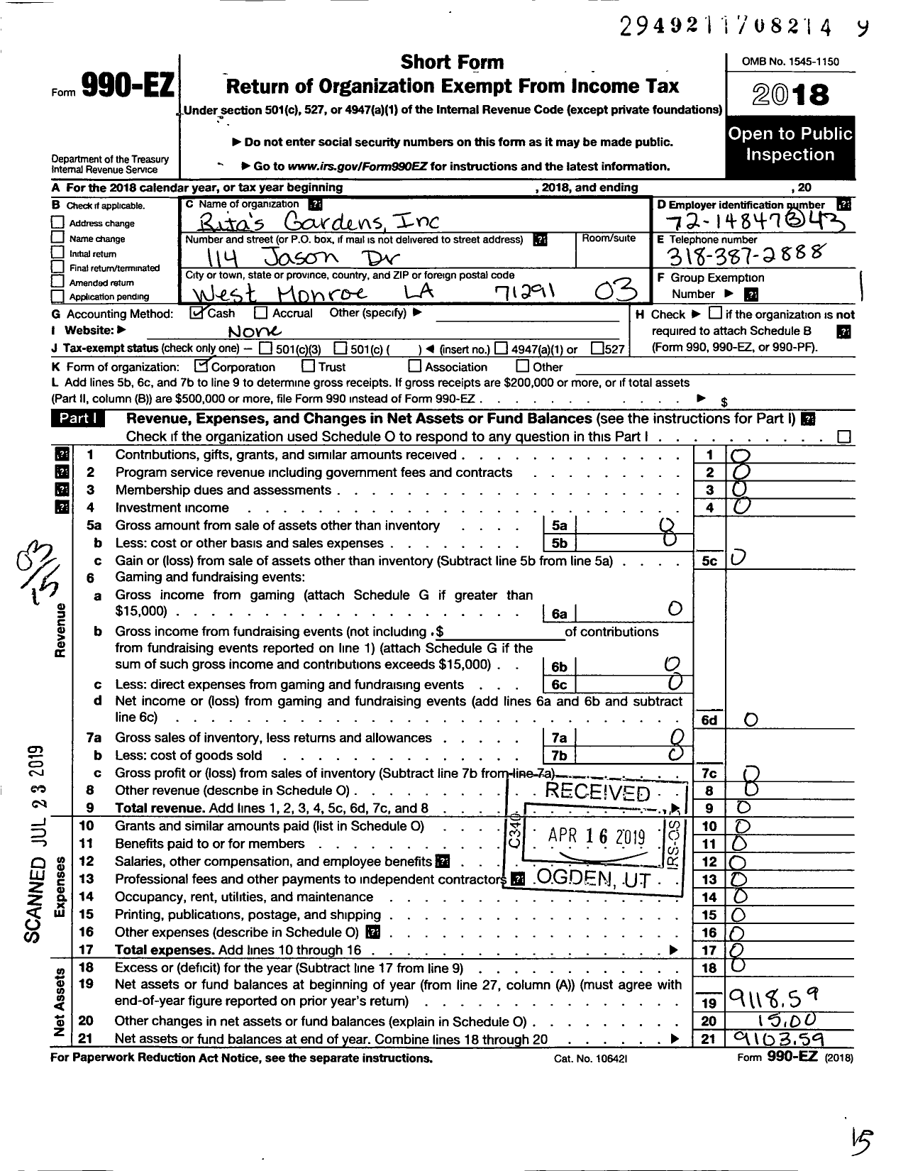 Image of first page of 2018 Form 990EZ for Ritas Gardens