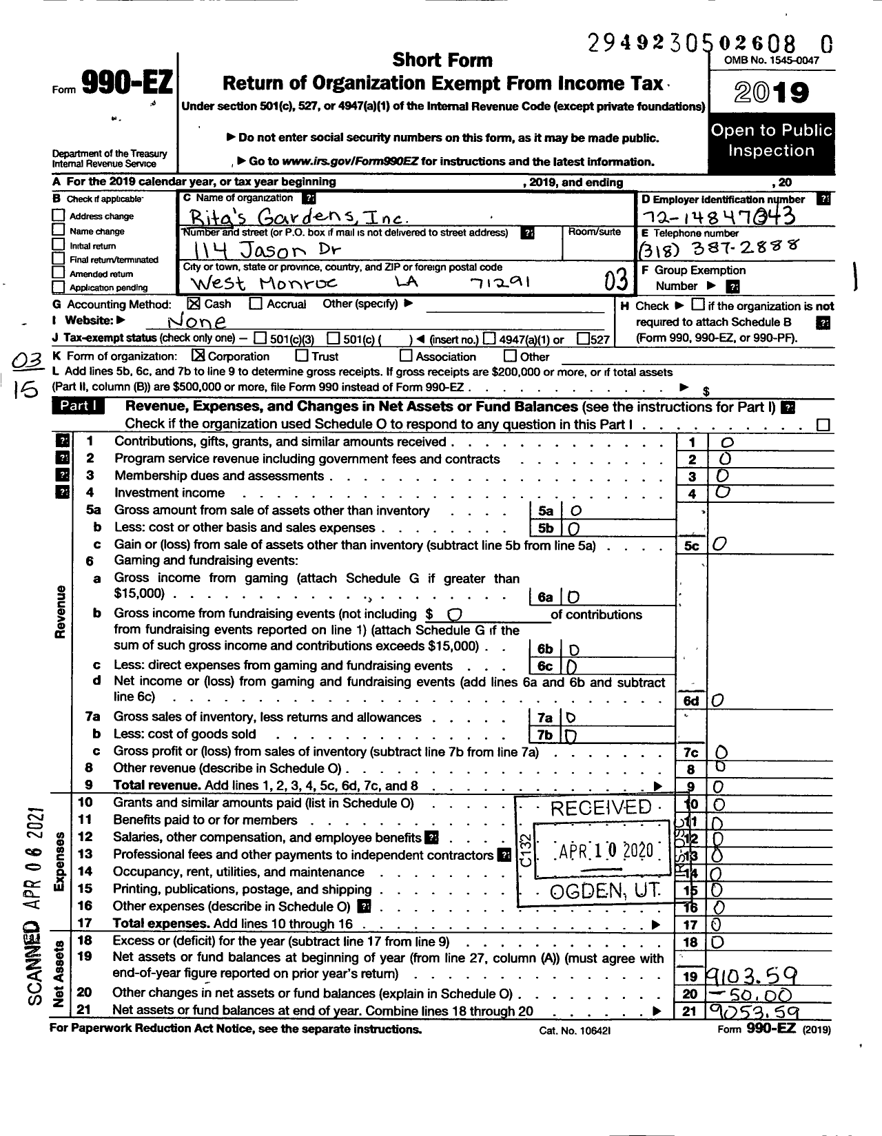 Image of first page of 2019 Form 990EZ for Ritas Gardens