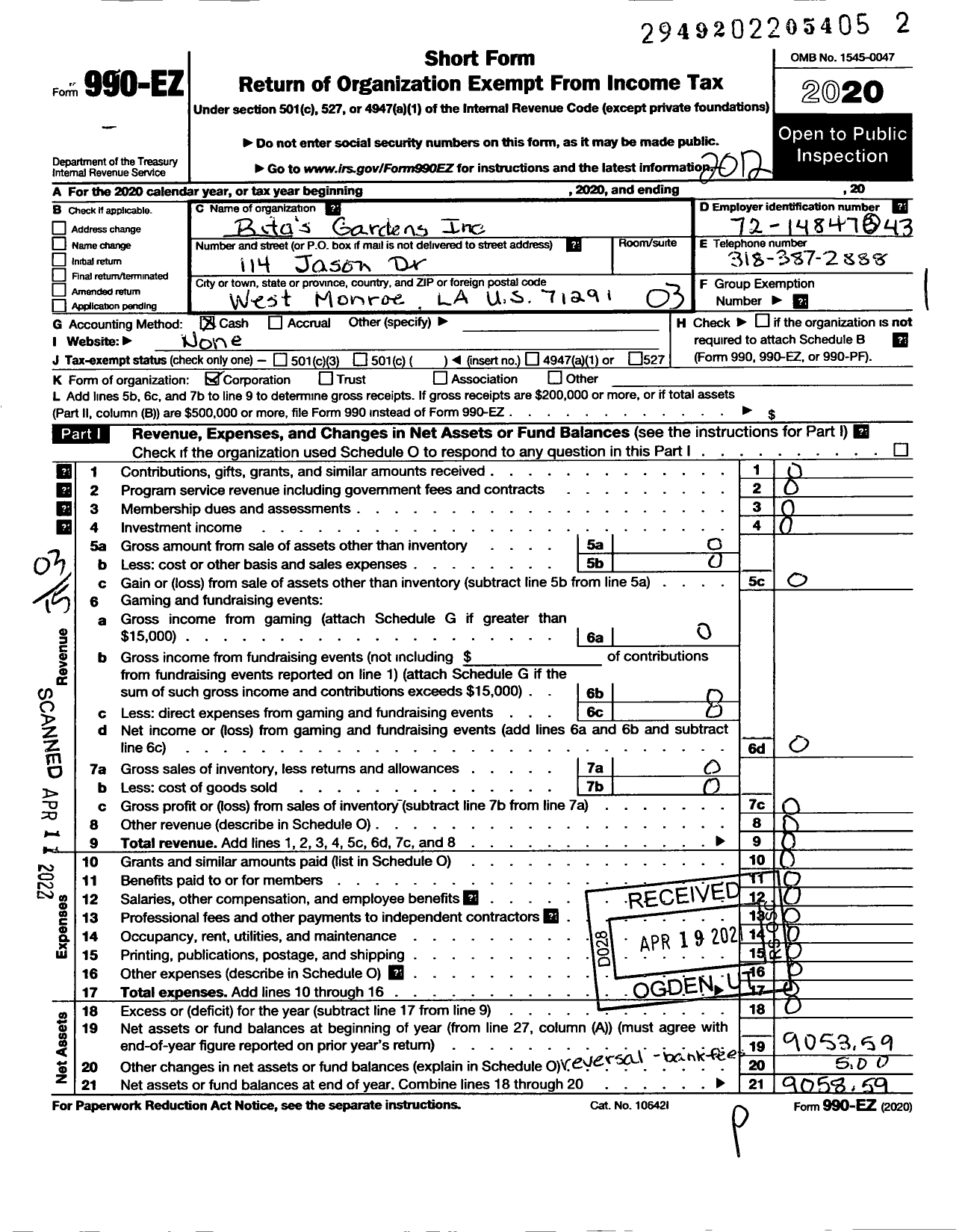 Image of first page of 2020 Form 990EZ for Ritas Gardens