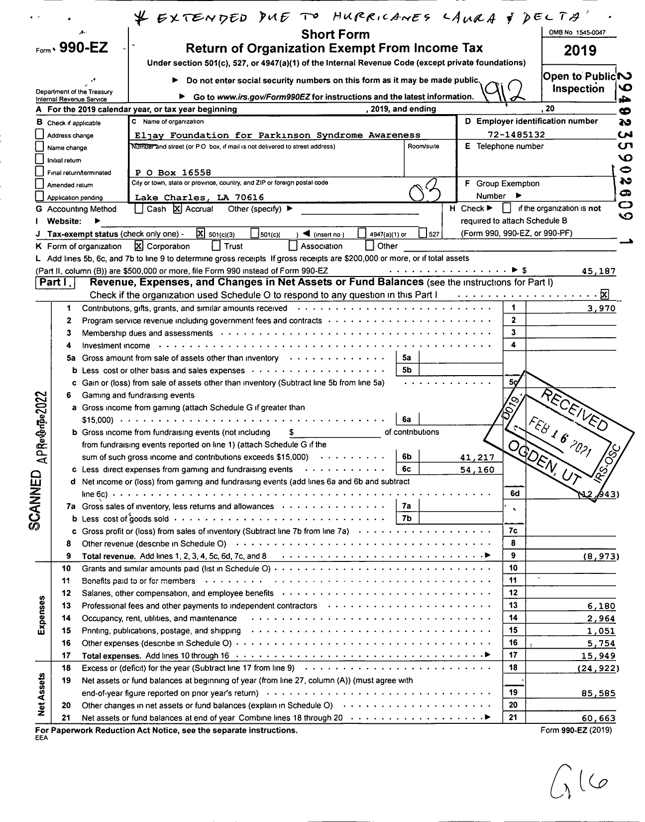 Image of first page of 2019 Form 990EZ for Eljay Foundation for Parkinson Syndrome Awareness