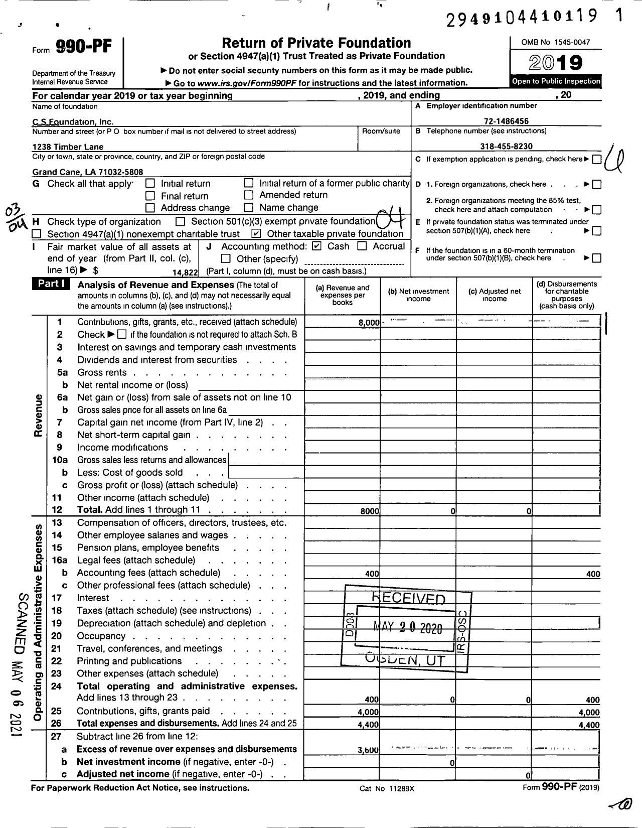 Image of first page of 2019 Form 990PF for CS Foundation