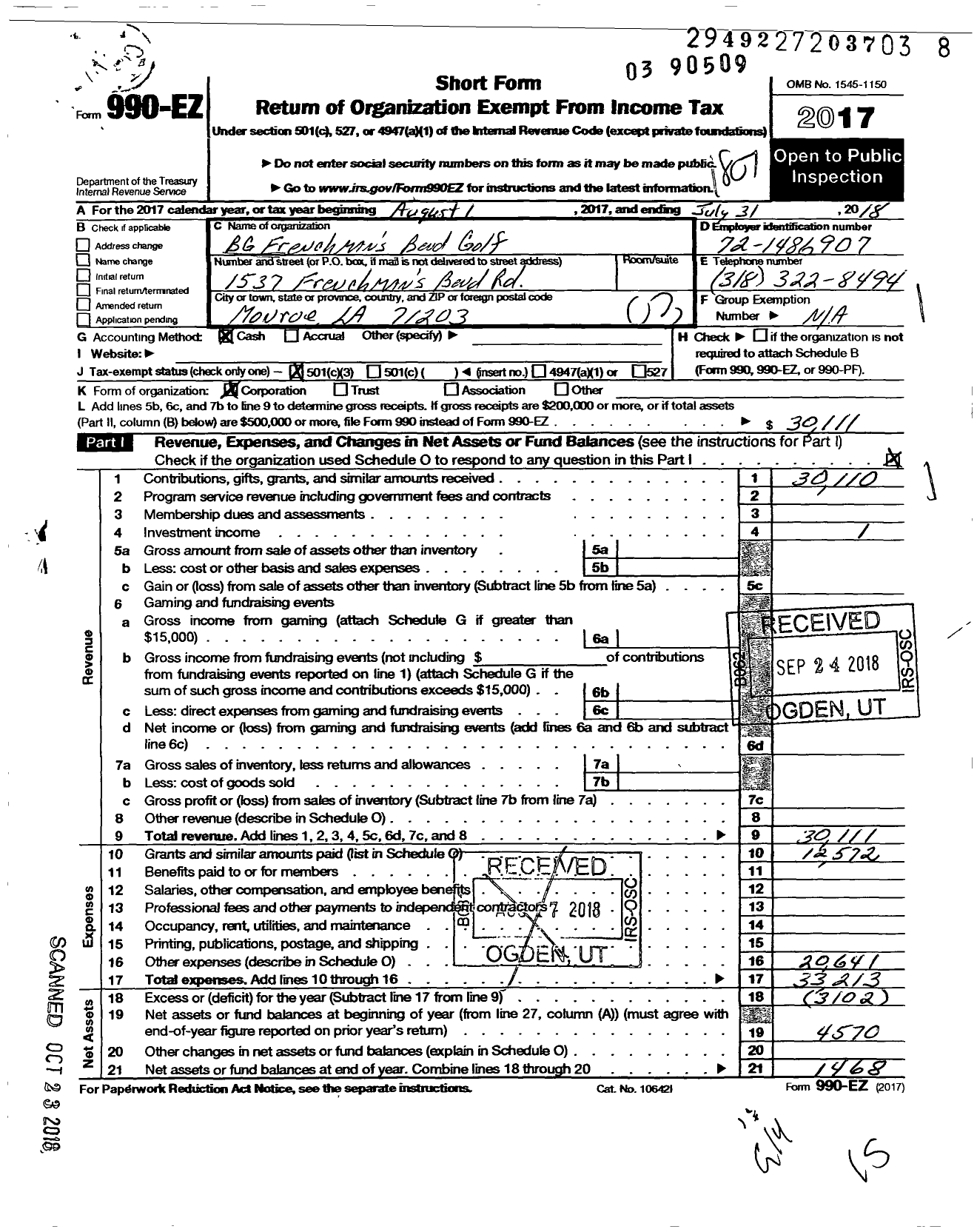 Image of first page of 2017 Form 990EZ for BG Frenchmans Bend Golf