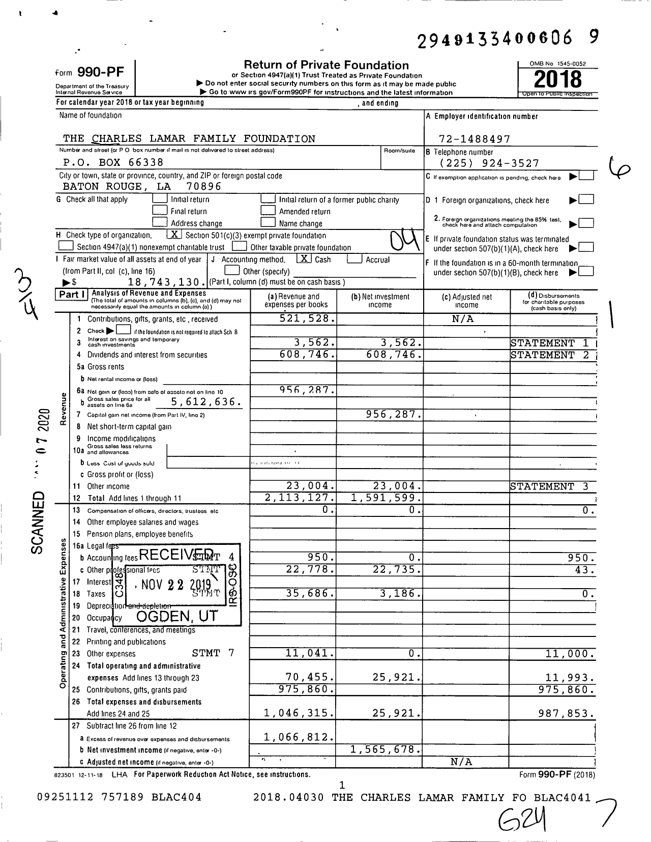 Image of first page of 2018 Form 990PF for The Charles Lamar Family Foundation