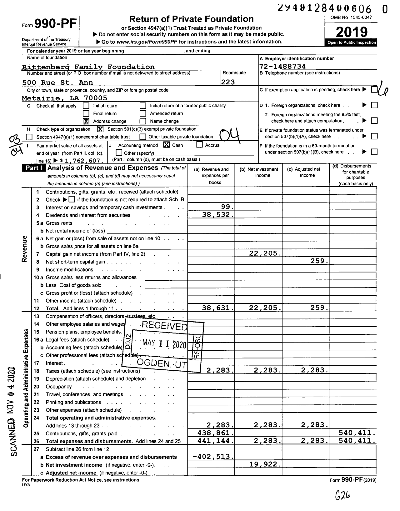 Image of first page of 2019 Form 990PF for Rittenberg Family Foundation