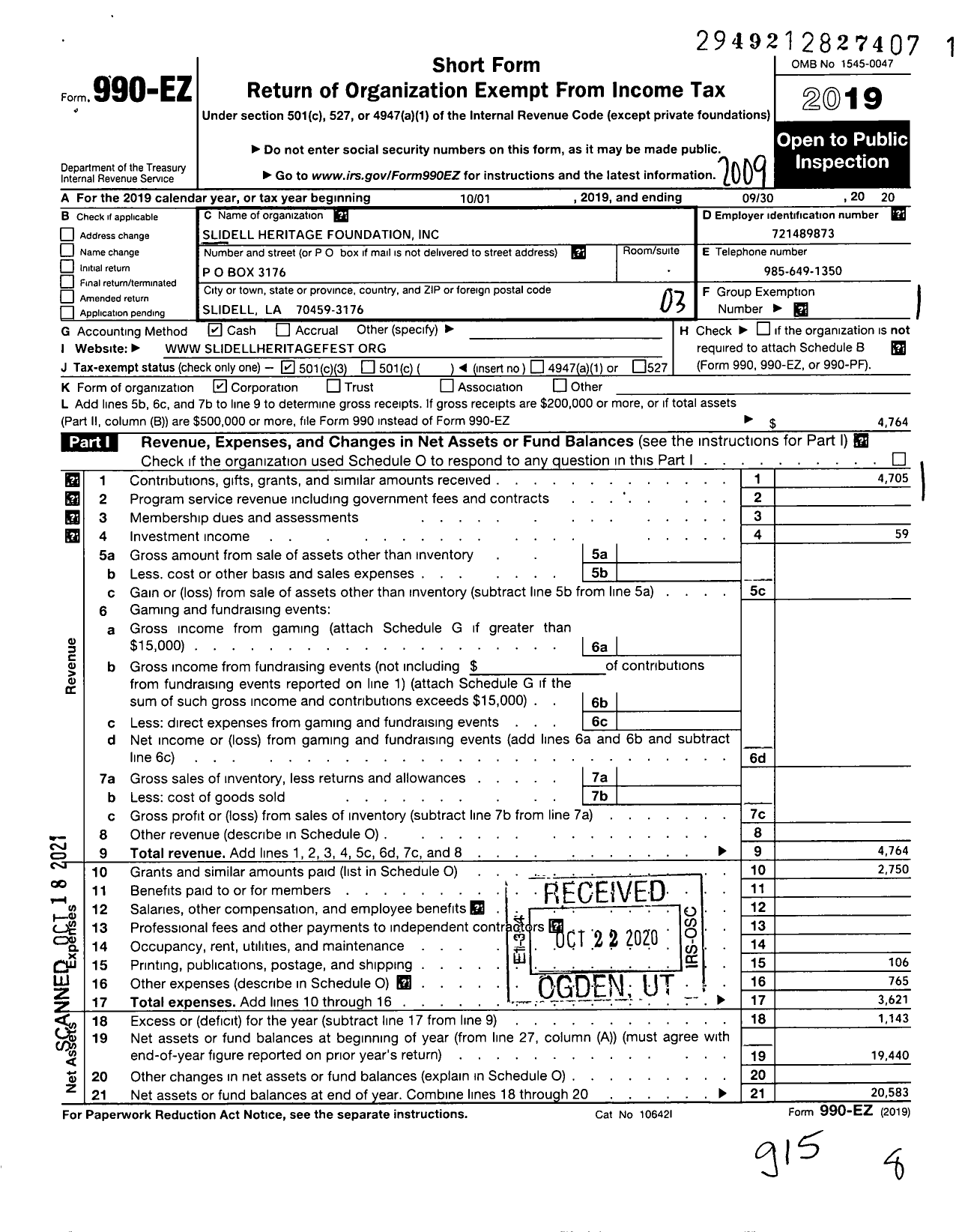 Image of first page of 2019 Form 990EZ for Slidell Heritage Festival
