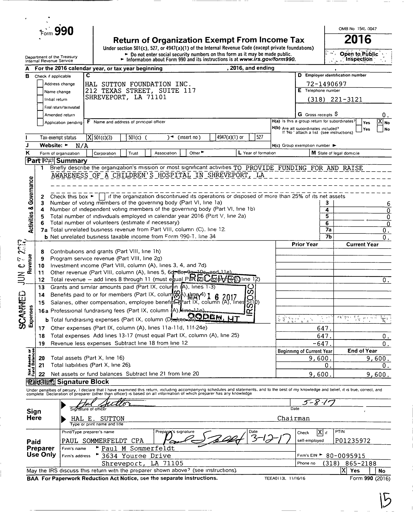 Image of first page of 2016 Form 990 for Hal Sutton Foundation
