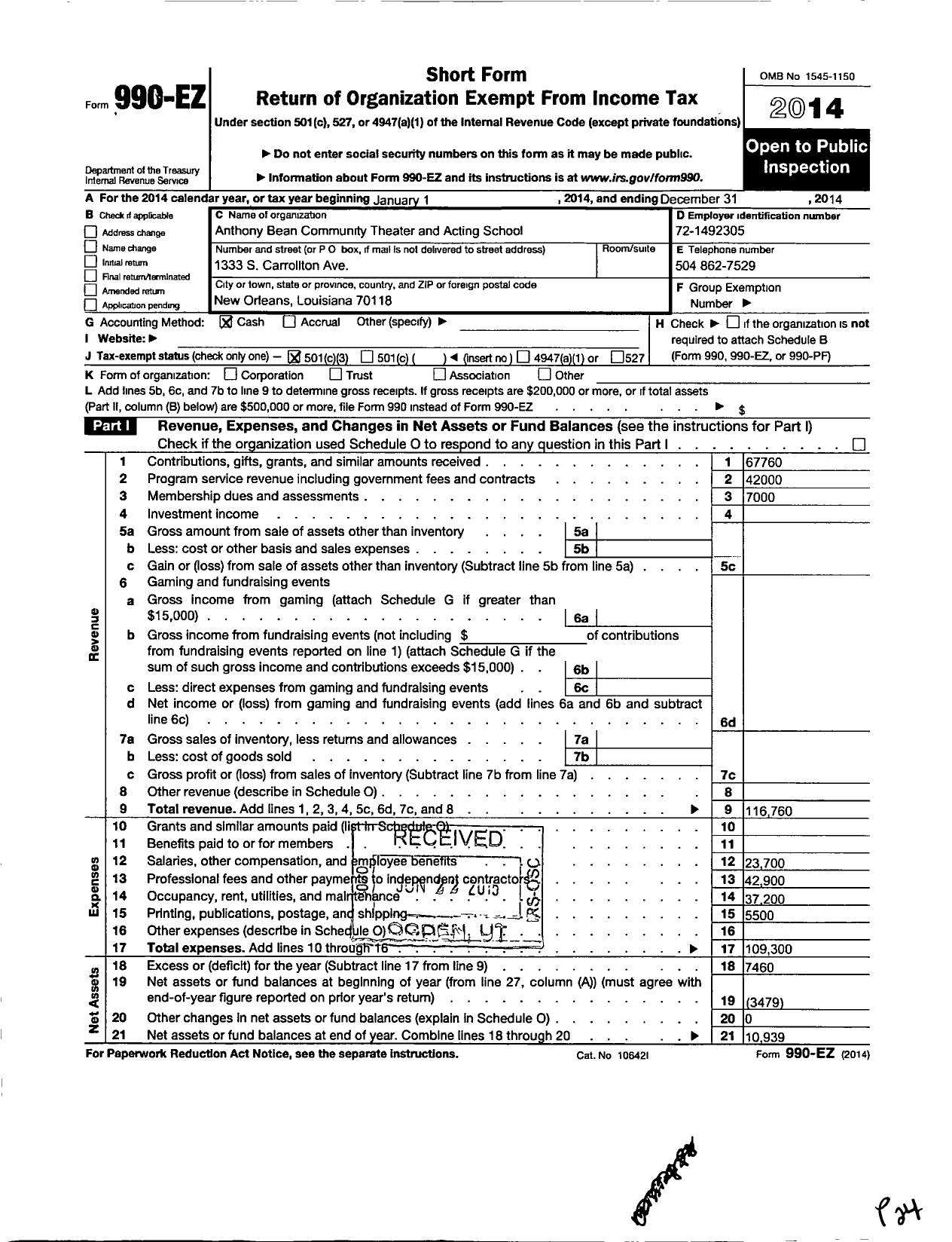 Image of first page of 2014 Form 990EZ for ANTHONY BEAN COMmuNity THEATER AND ACTING SCHOOL