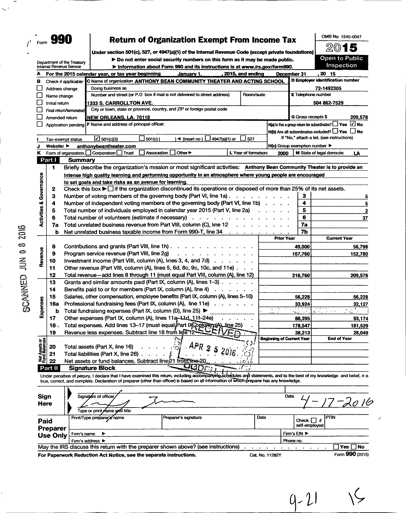 Image of first page of 2015 Form 990 for ANTHONY BEAN COMmuNity THEATER AND ACTING SCHOOL