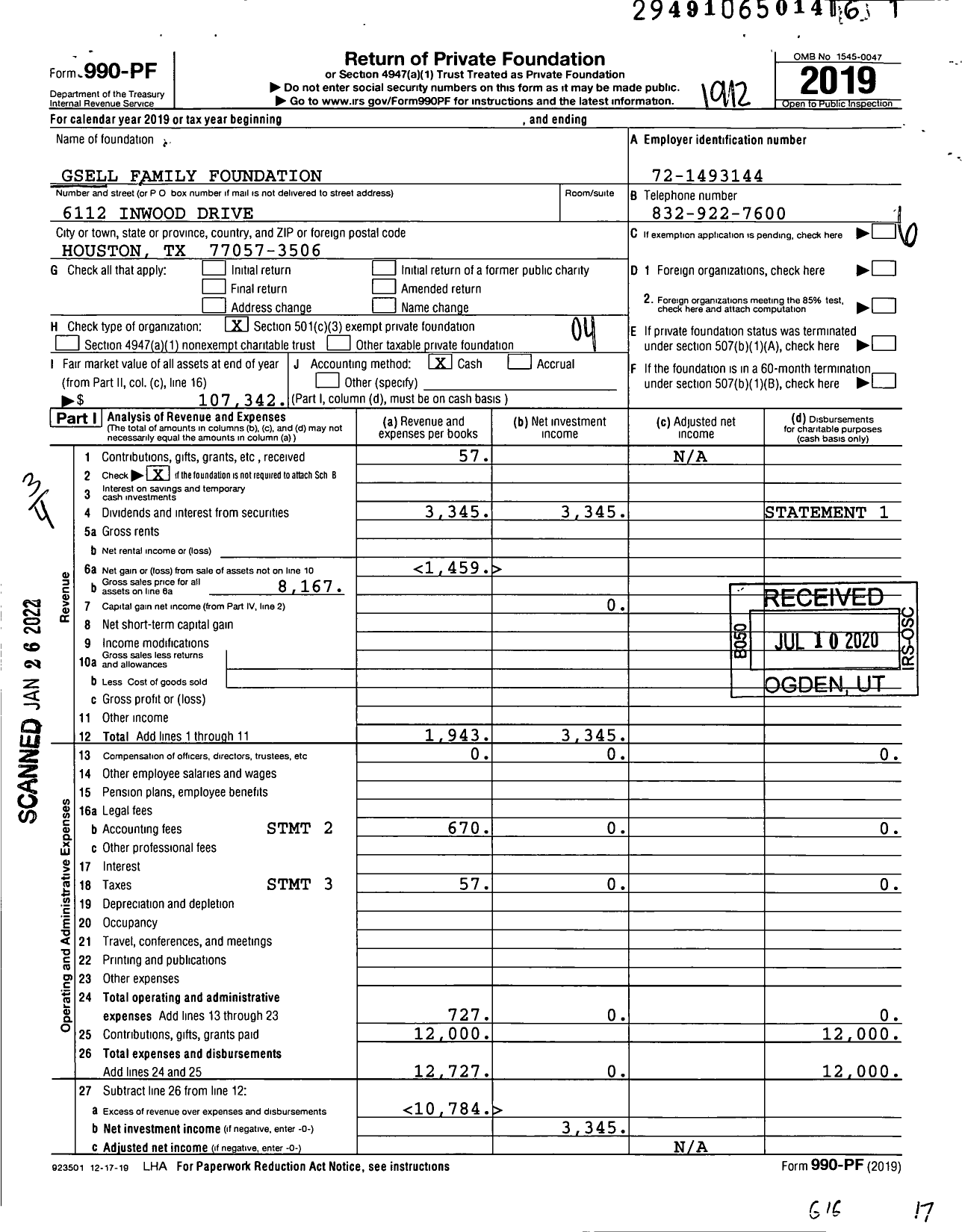 Image of first page of 2019 Form 990PF for Gsell Family Foundation