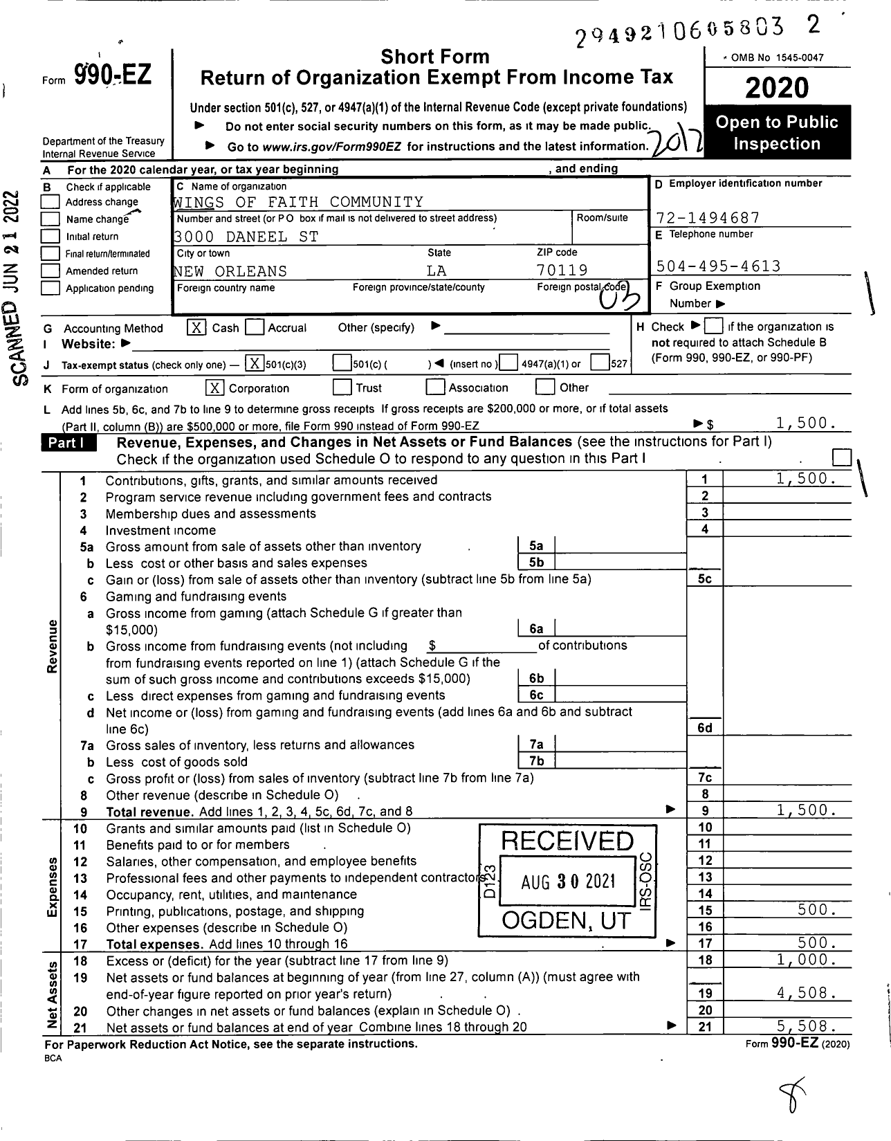 Image of first page of 2020 Form 990EZ for Wings of Faith Community Development Foundation