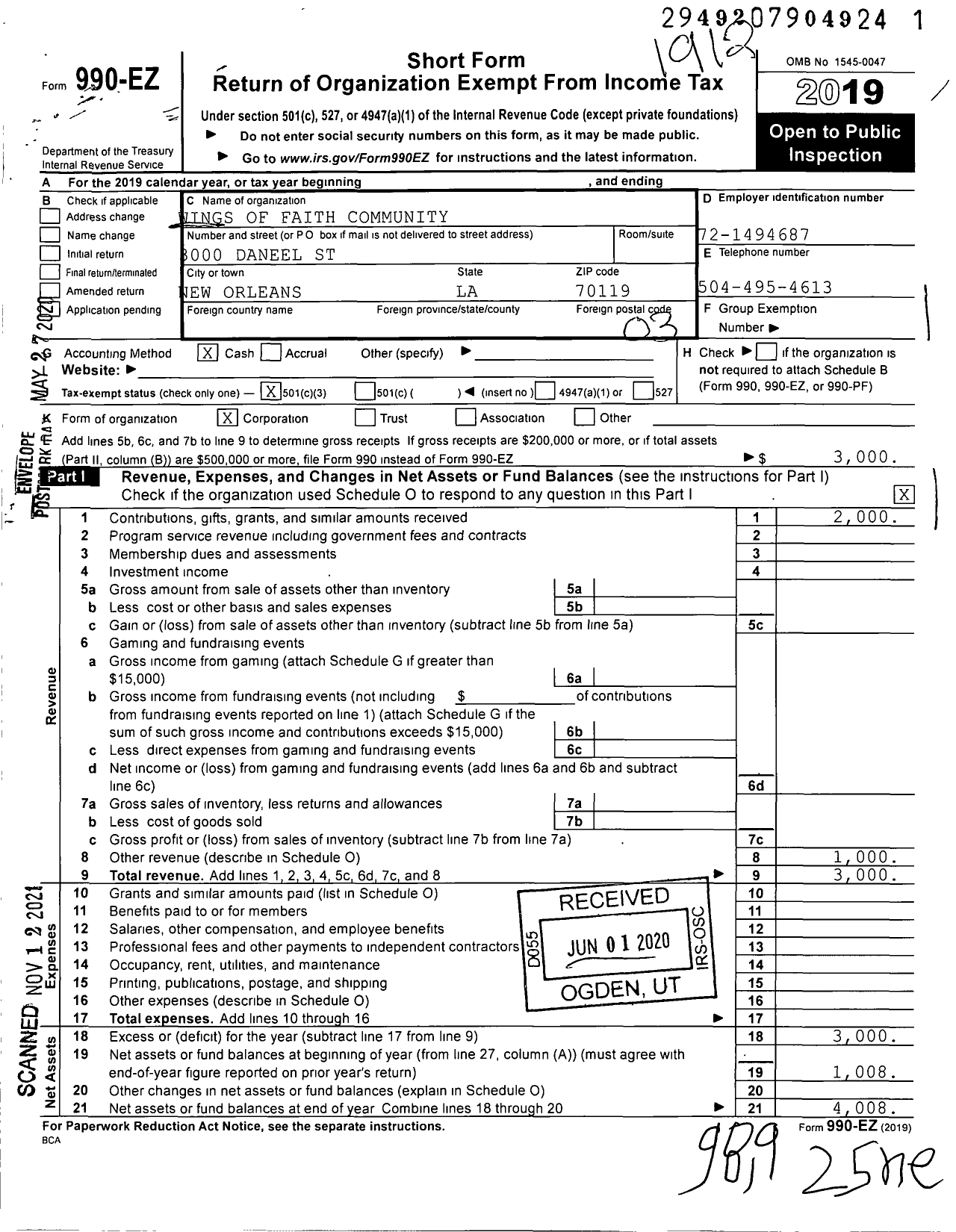 Image of first page of 2019 Form 990EZ for Wings of Faith Community Development Foundation