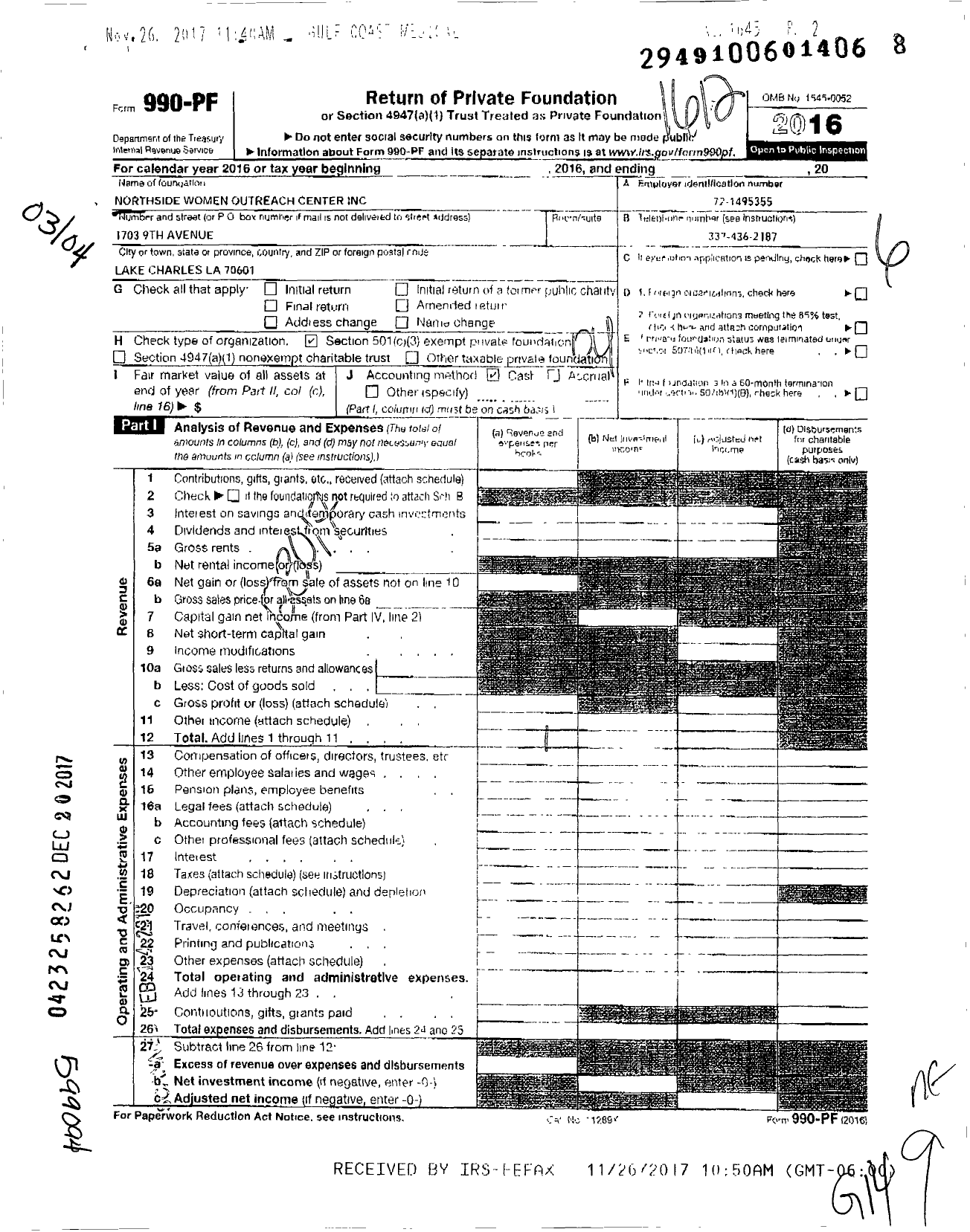 Image of first page of 2016 Form 990PF for Northside Women Outreach Center