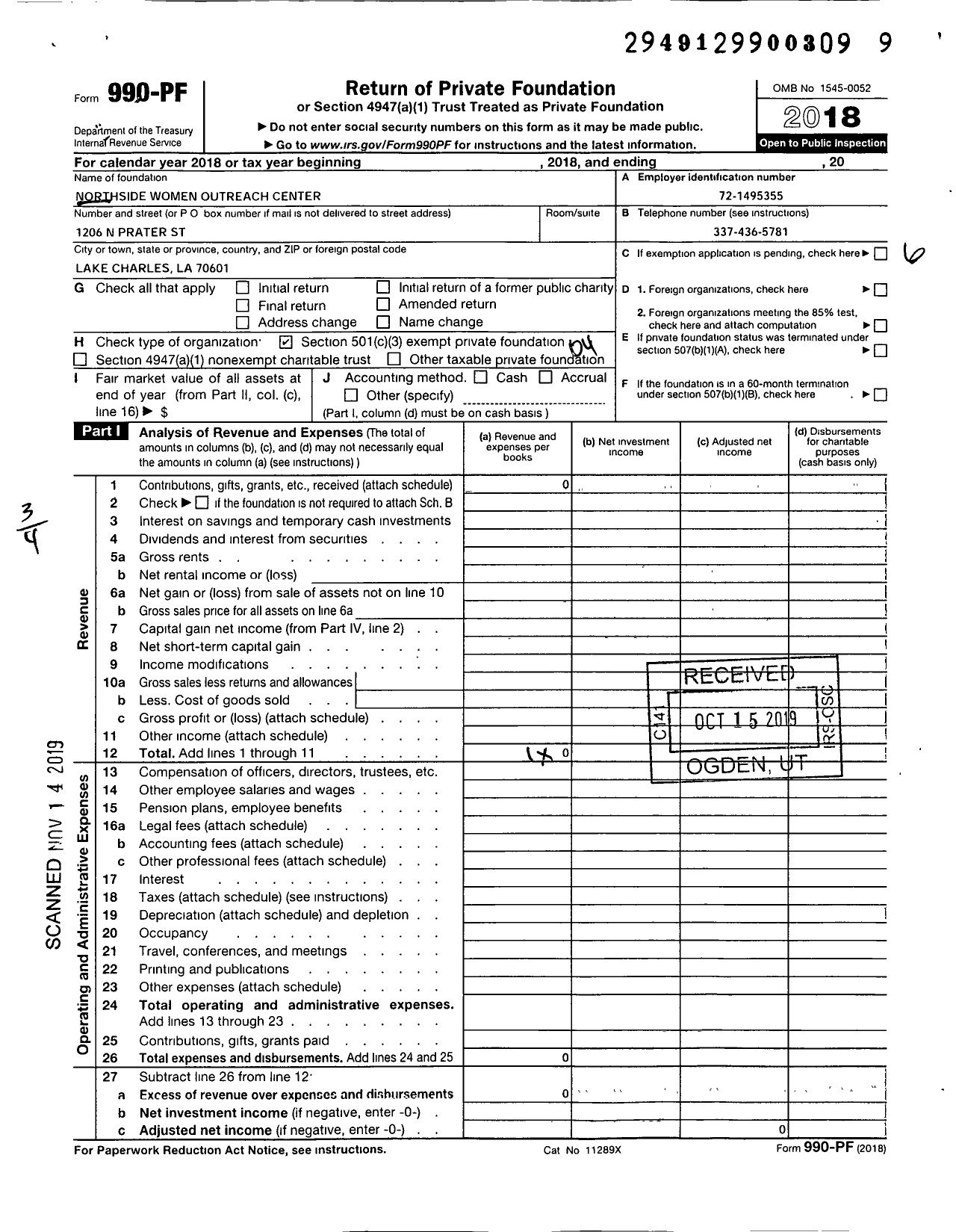 Image of first page of 2018 Form 990PF for Northside Women Outreach Center