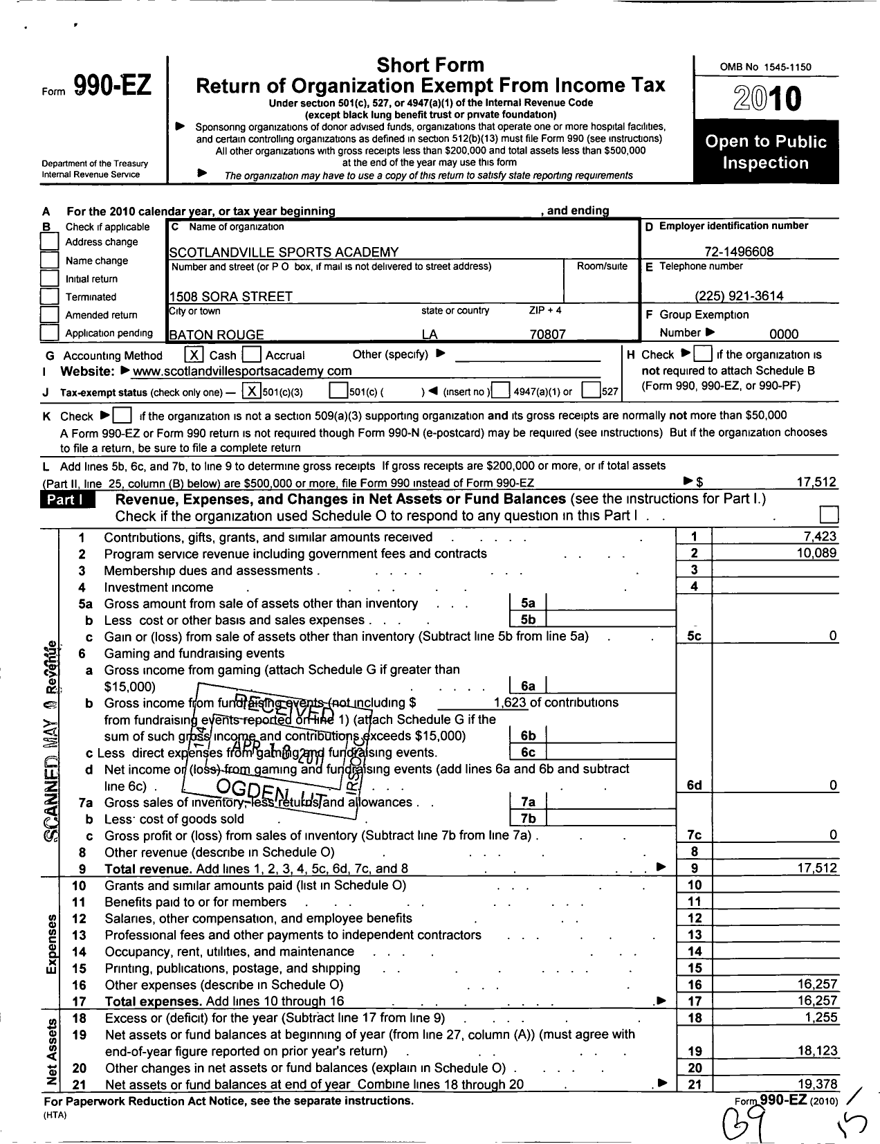 Image of first page of 2010 Form 990EZ for Scotlandville Sports Academy