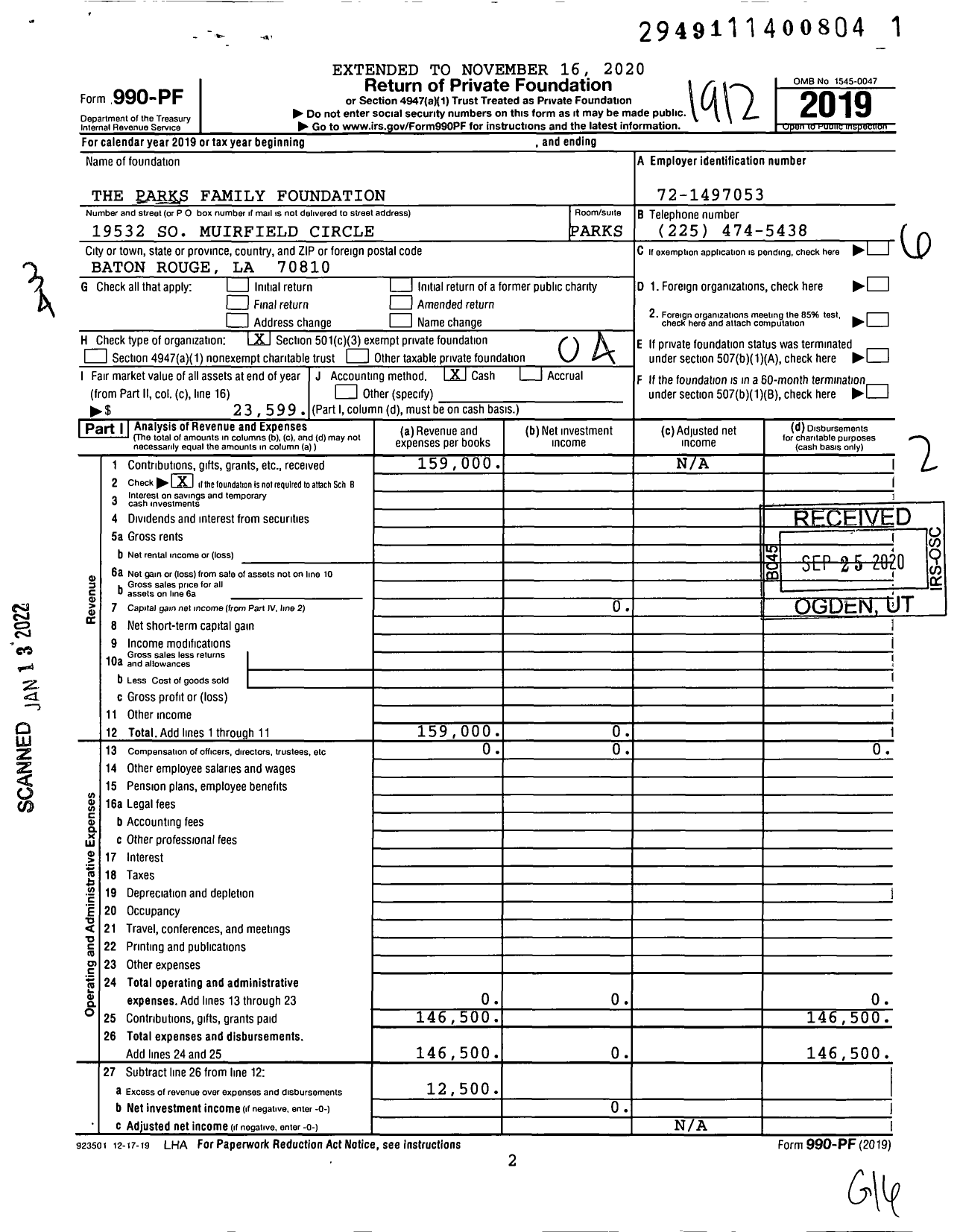 Image of first page of 2019 Form 990PF for The Parks Family Foundation