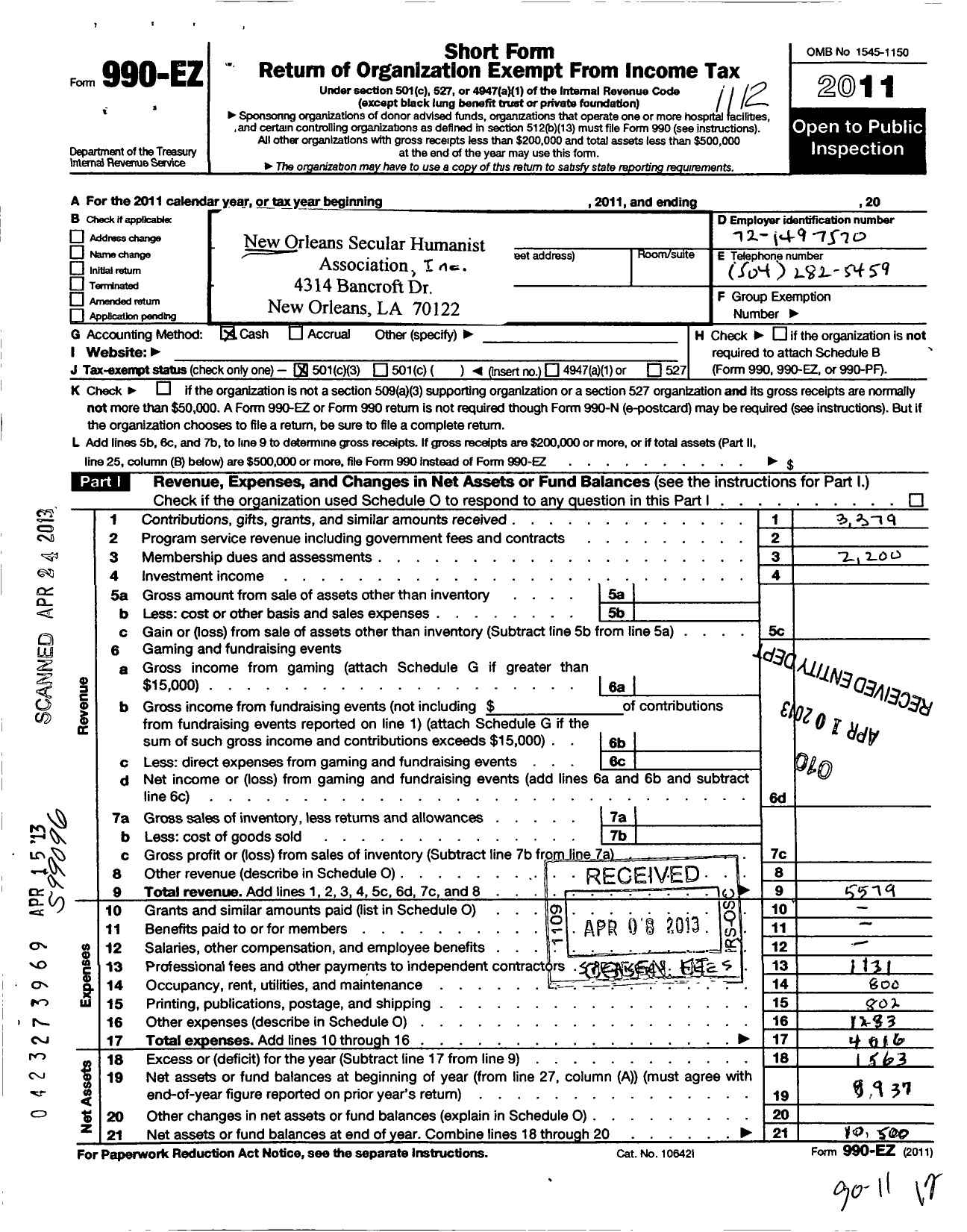 Image of first page of 2011 Form 990EZ for New Orleans Secular Humanist Association