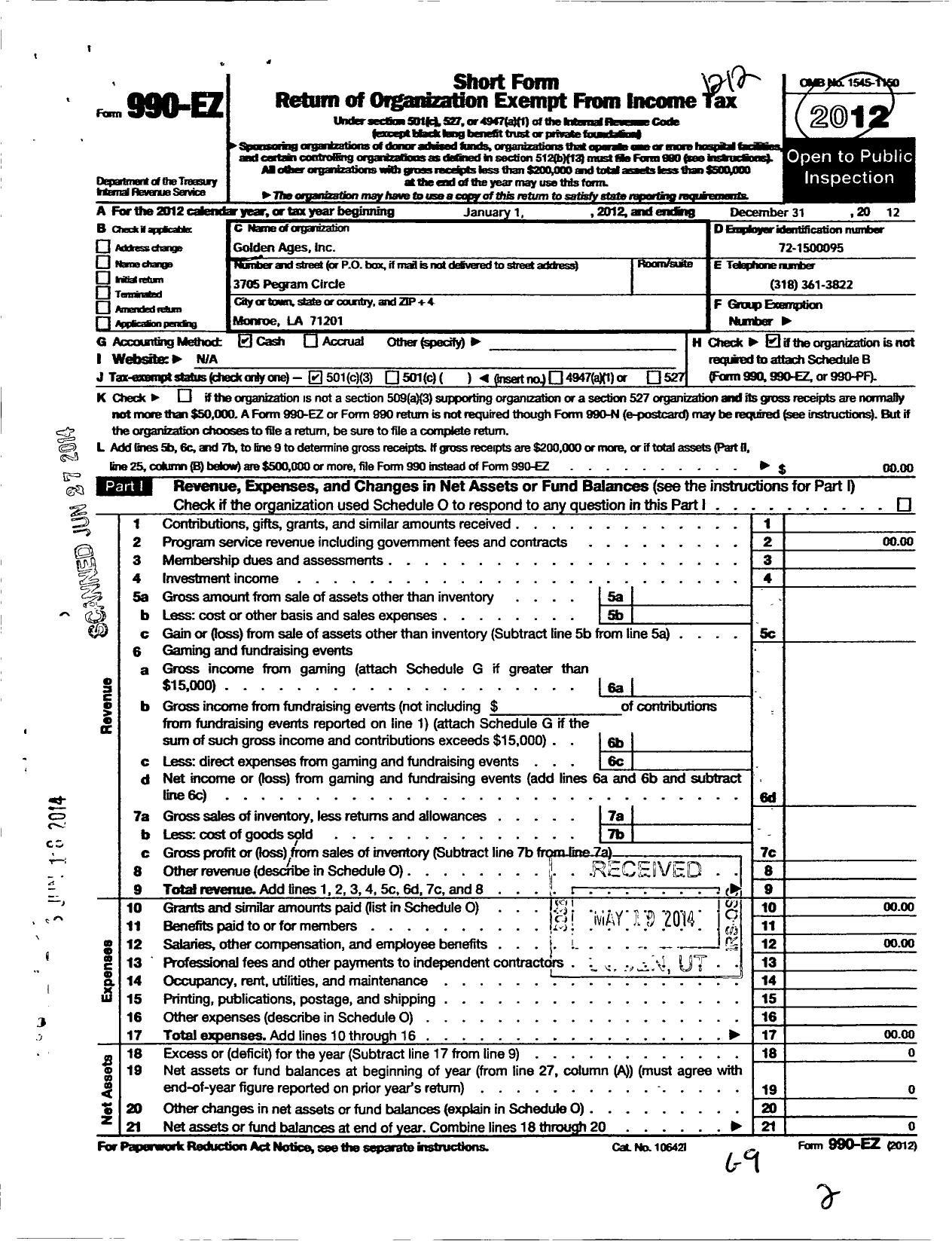 Image of first page of 2012 Form 990EZ for Golden Ages