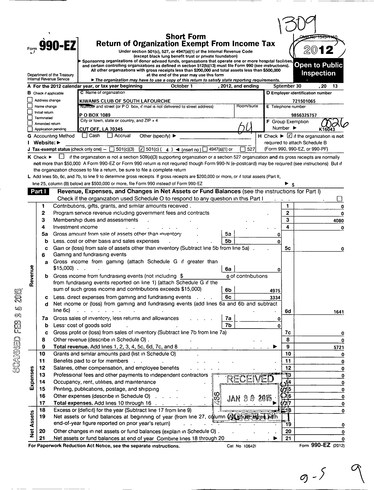 Image of first page of 2012 Form 990EO for Kiwanis International - K16043 South Lafourche
