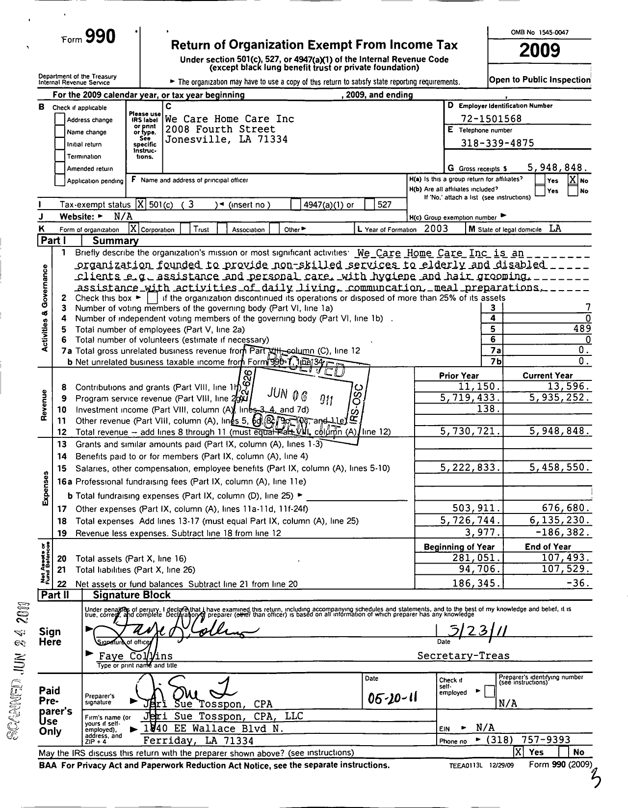 Image of first page of 2009 Form 990 for We Care Home Care