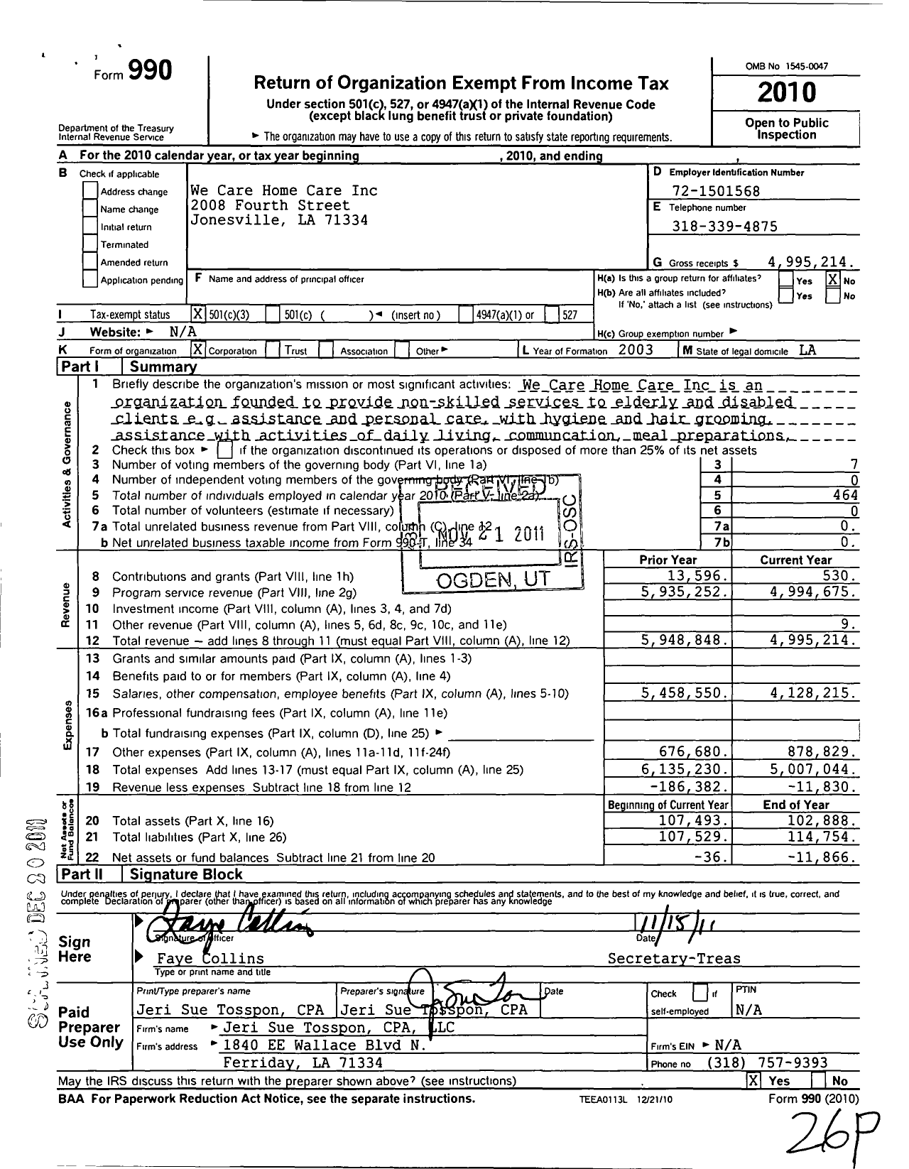 Image of first page of 2010 Form 990 for We Care Home Care